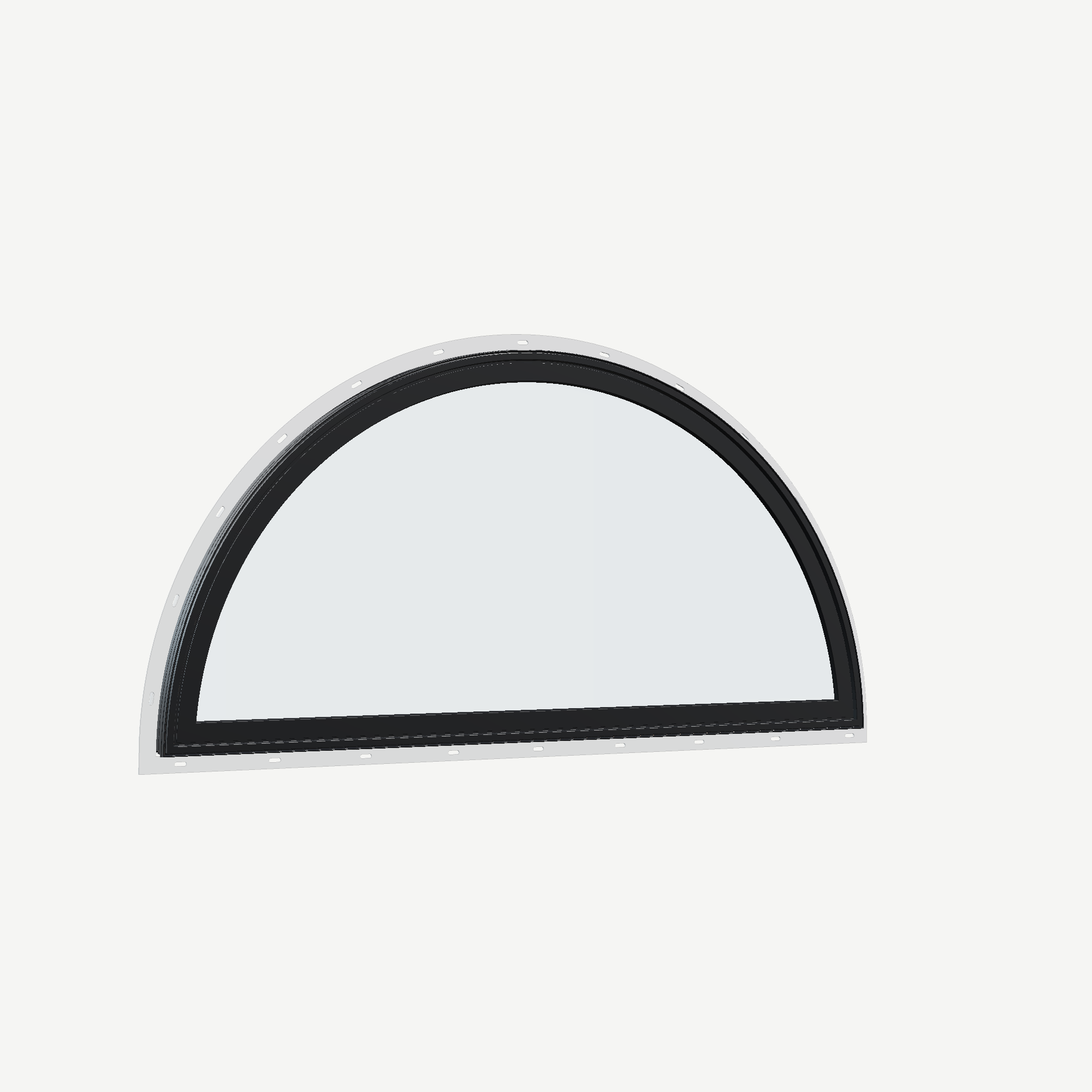 Opposite exterior angle of the 48 × 24 inch ellipse, black exterior / white interior, with nailing flange