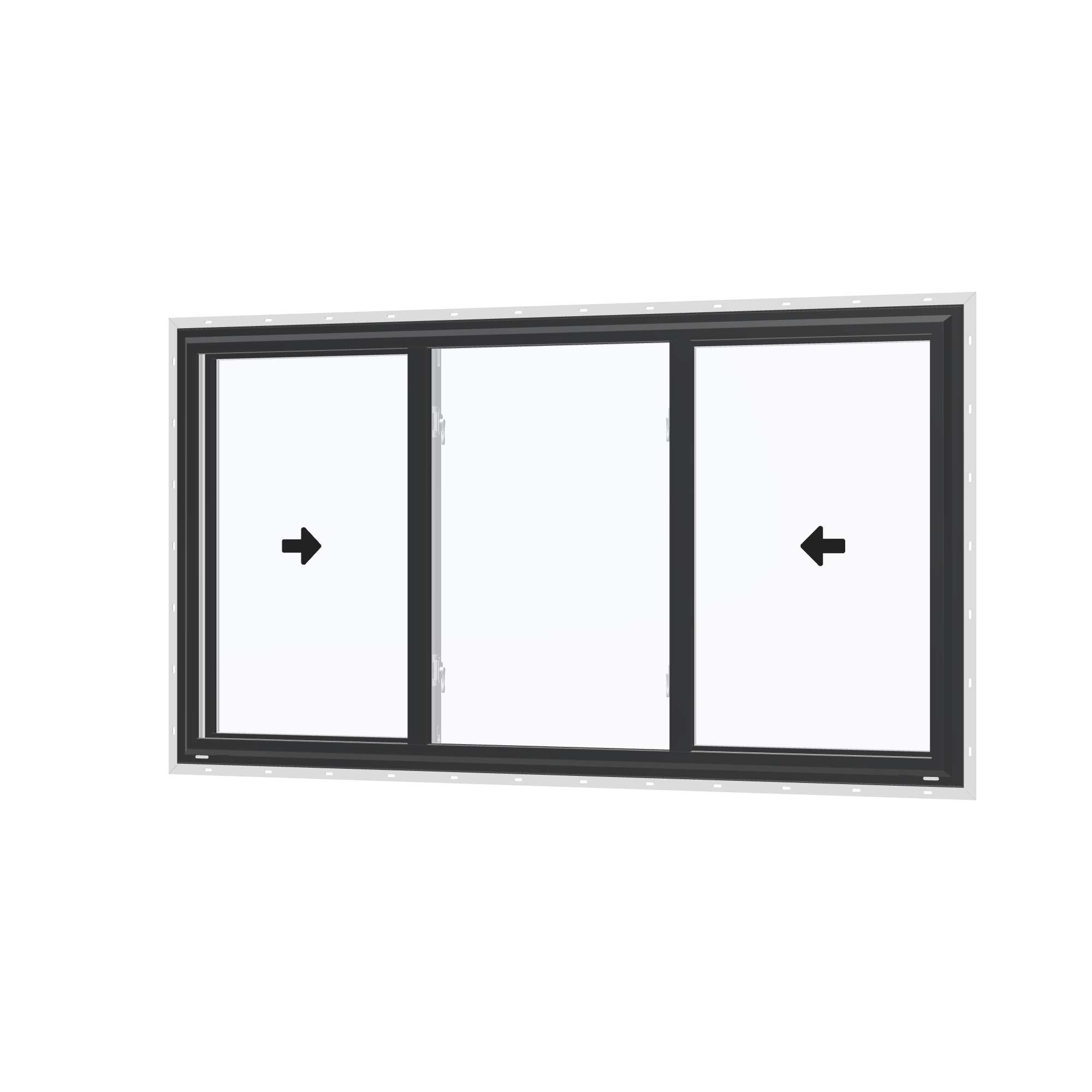 Angled exterior view with opening symbols of the 72 × 40 inch end vent slider, black exterior / white interior, with nailing flange