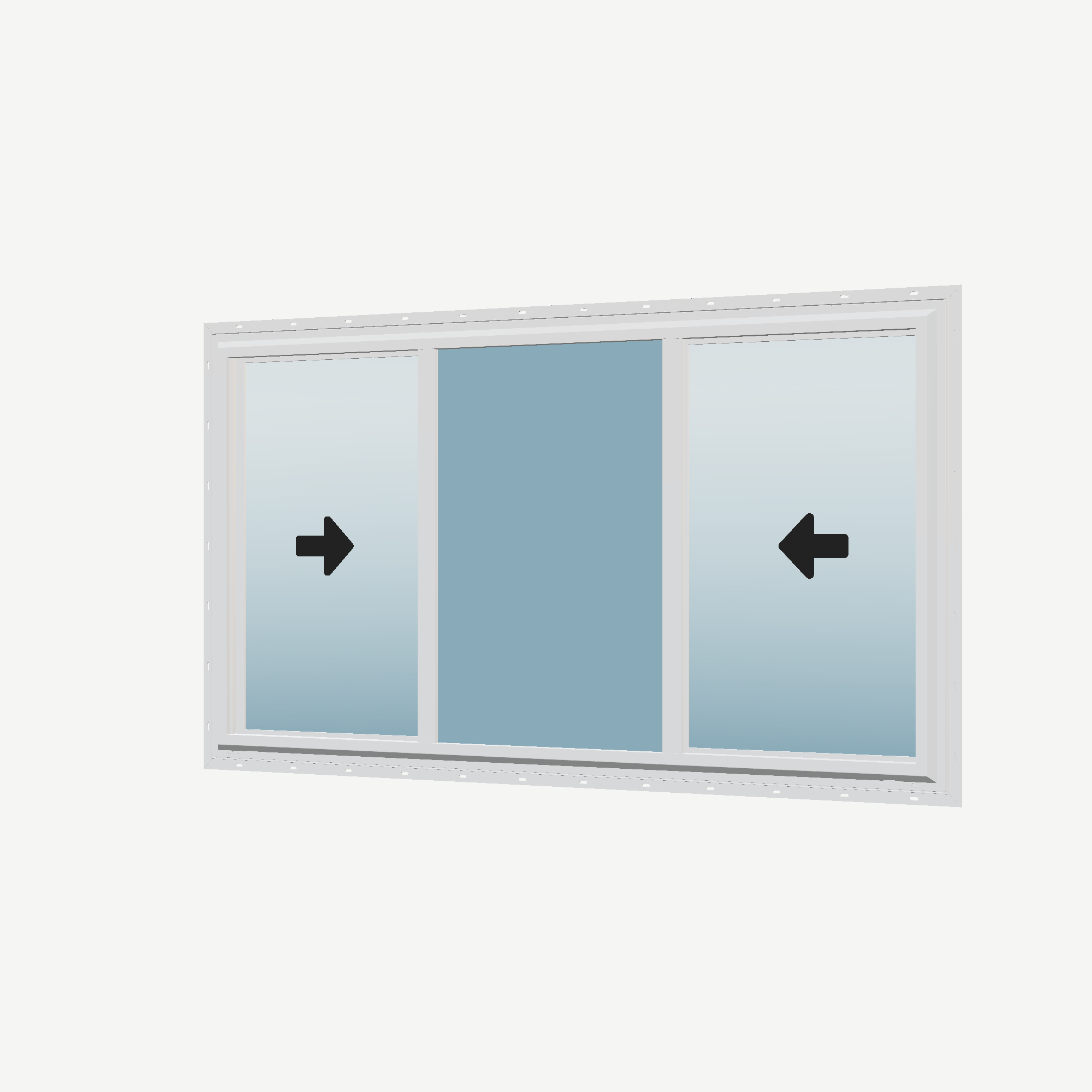 Angled exterior view with opening symbols of the 72 × 40 inch end vent slider, white exterior / white interior, with nailing flange