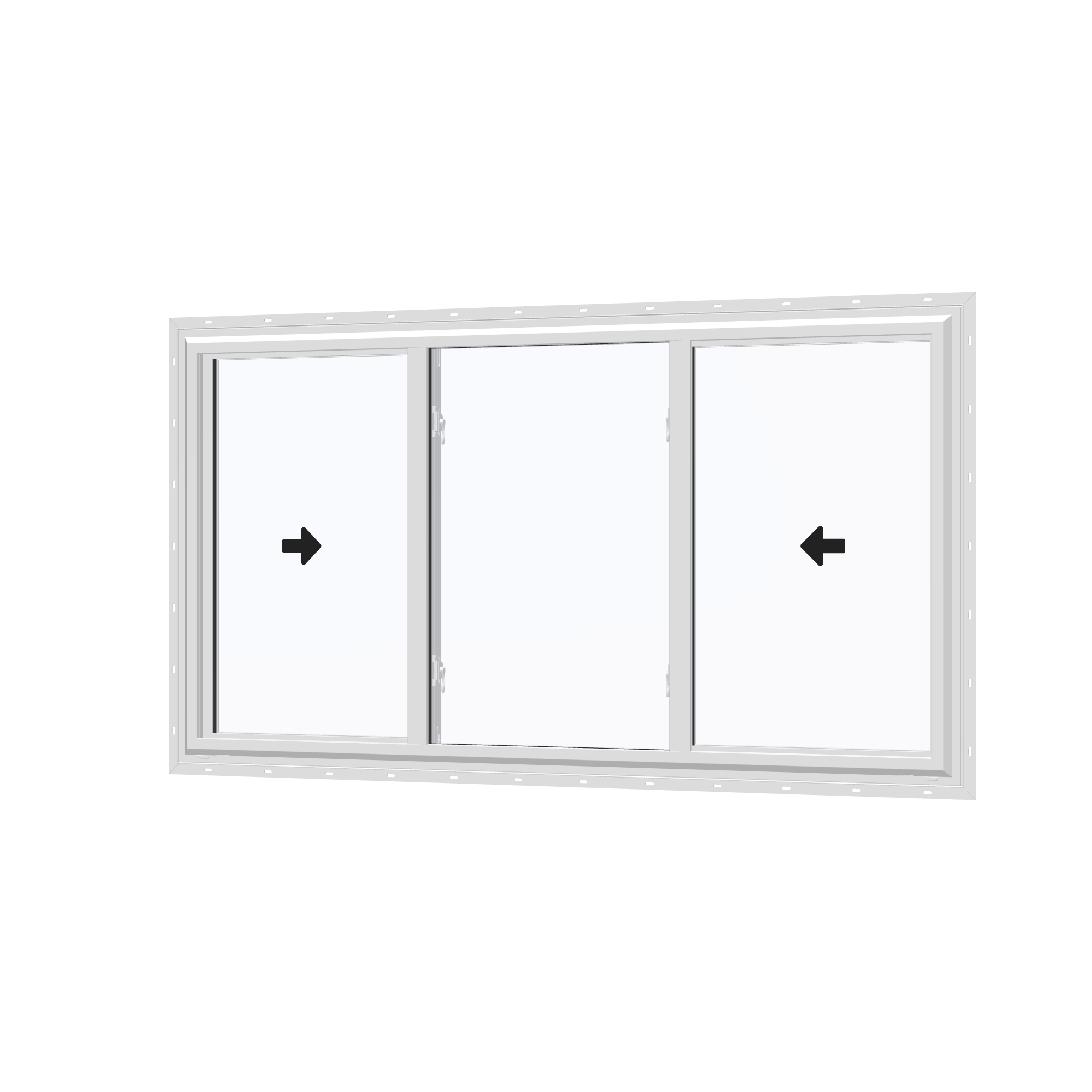 Angled exterior view with opening symbols of the 72 × 40 inch end vent slider, white exterior / white interior, with nailing flange