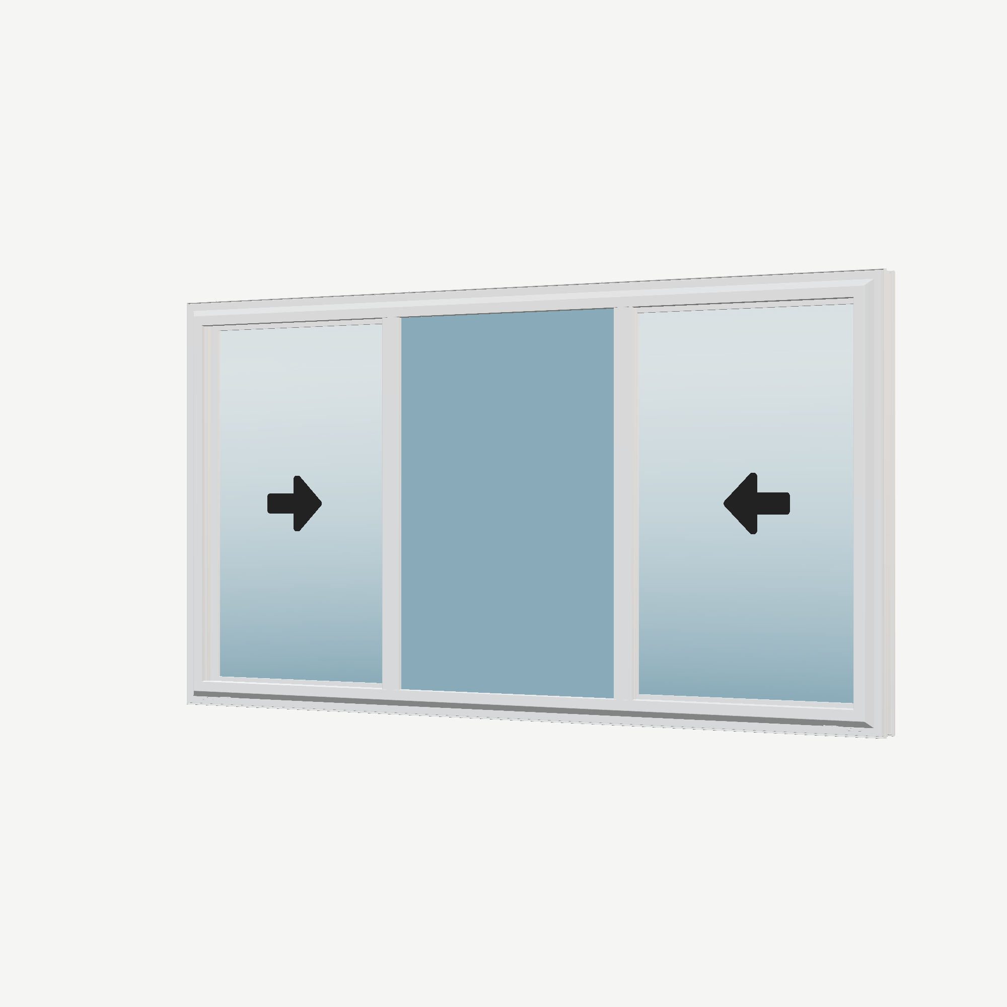 Angled exterior view with opening symbols of the 72 × 40 inch end vent slider, white exterior / white interior, without nailing flange