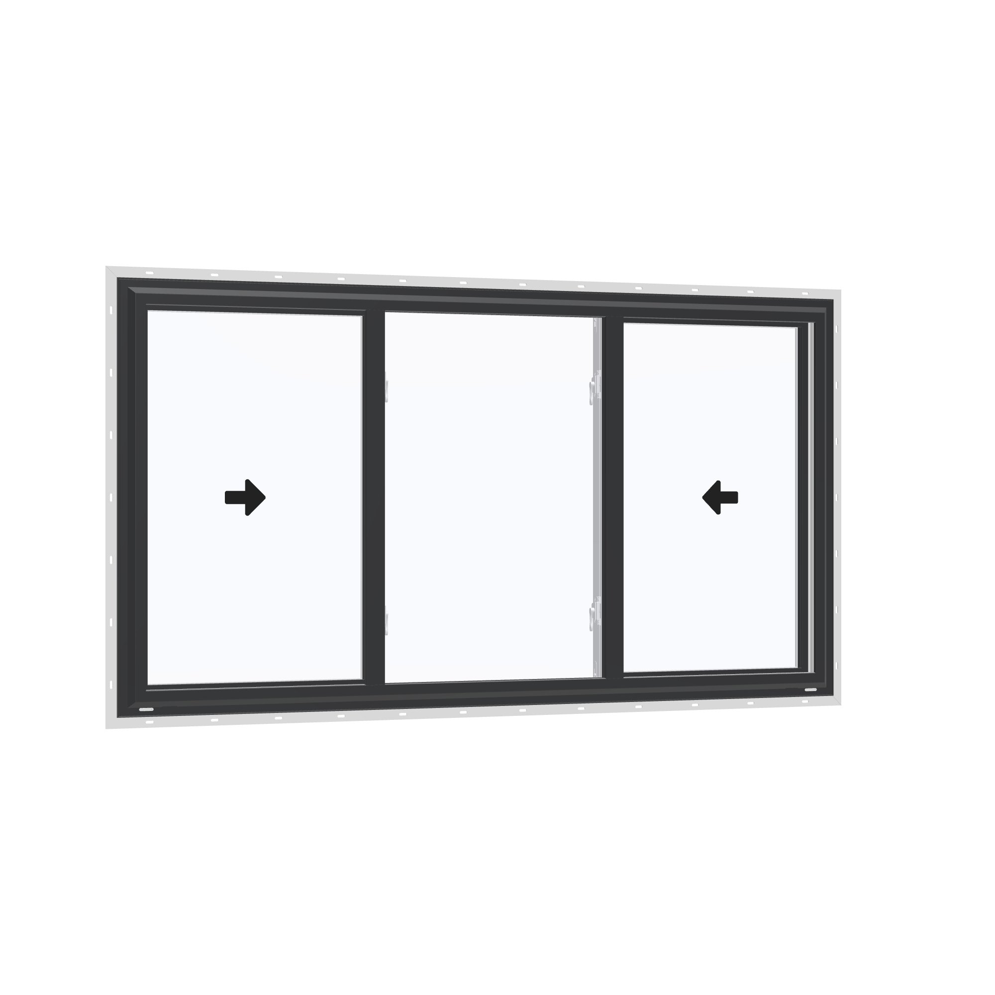 Opposite exterior angle of the 72 × 40 inch end vent slider with tilt, black exterior / white interior, with nailing flange