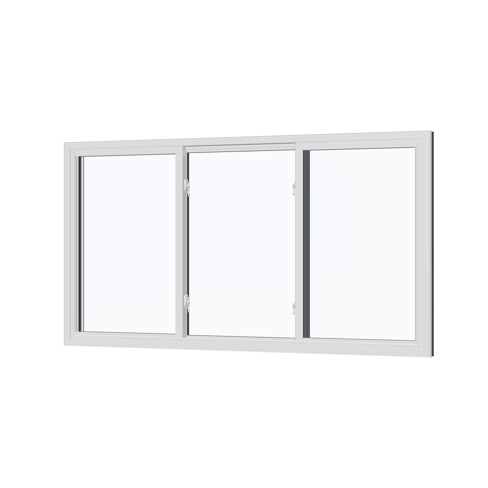 Angled interior view of the 72 × 40 inch end vent slider with tilt, black exterior / white interior, without nailing flange