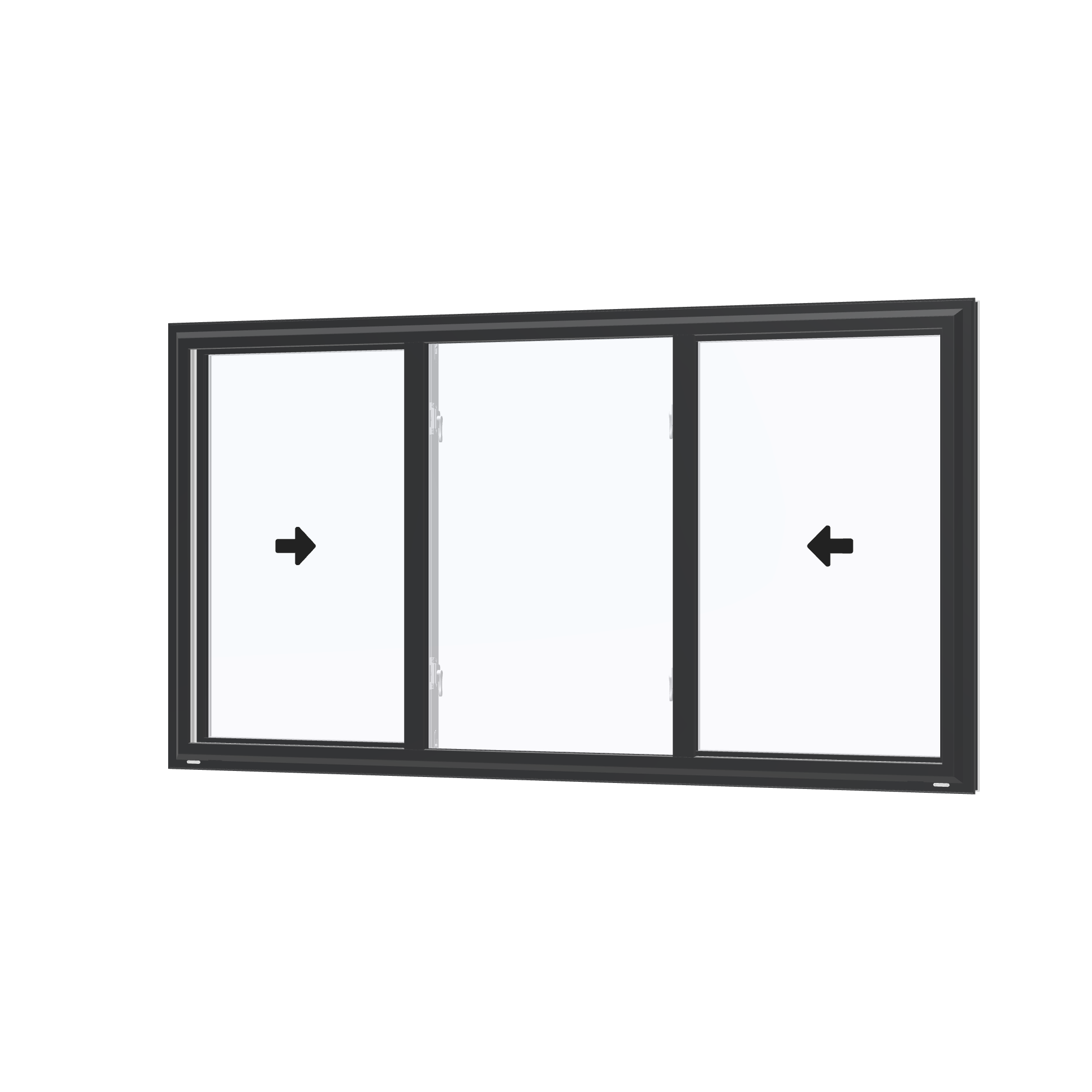 Angled exterior view with opening symbols of the 72 × 40 inch end vent slider with tilt, black exterior / white interior, without nailing flange