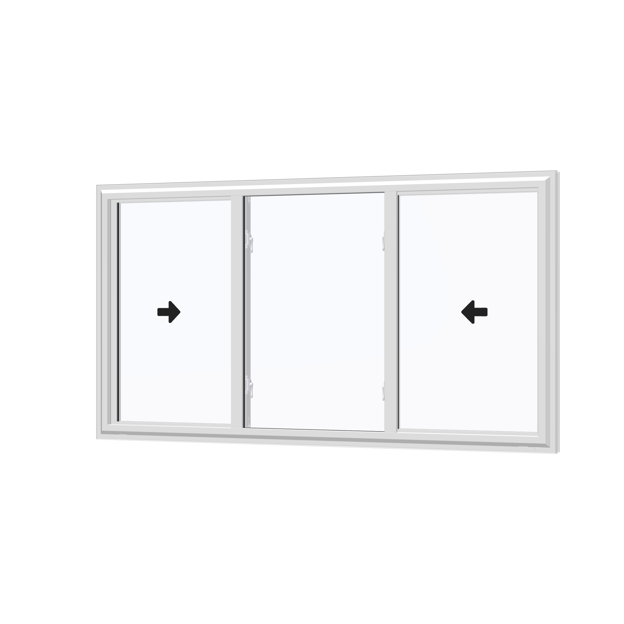 Angled exterior view with opening symbols of the 72 × 40 inch end vent slider with tilt, white exterior / white interior, without nailing flange