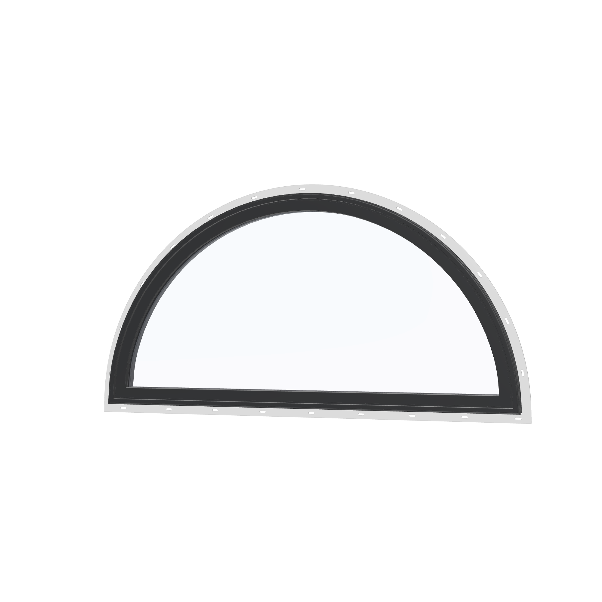 Angled exterior view of the 48 × 24 inch half round, black exterior / black interior, with nailing flange