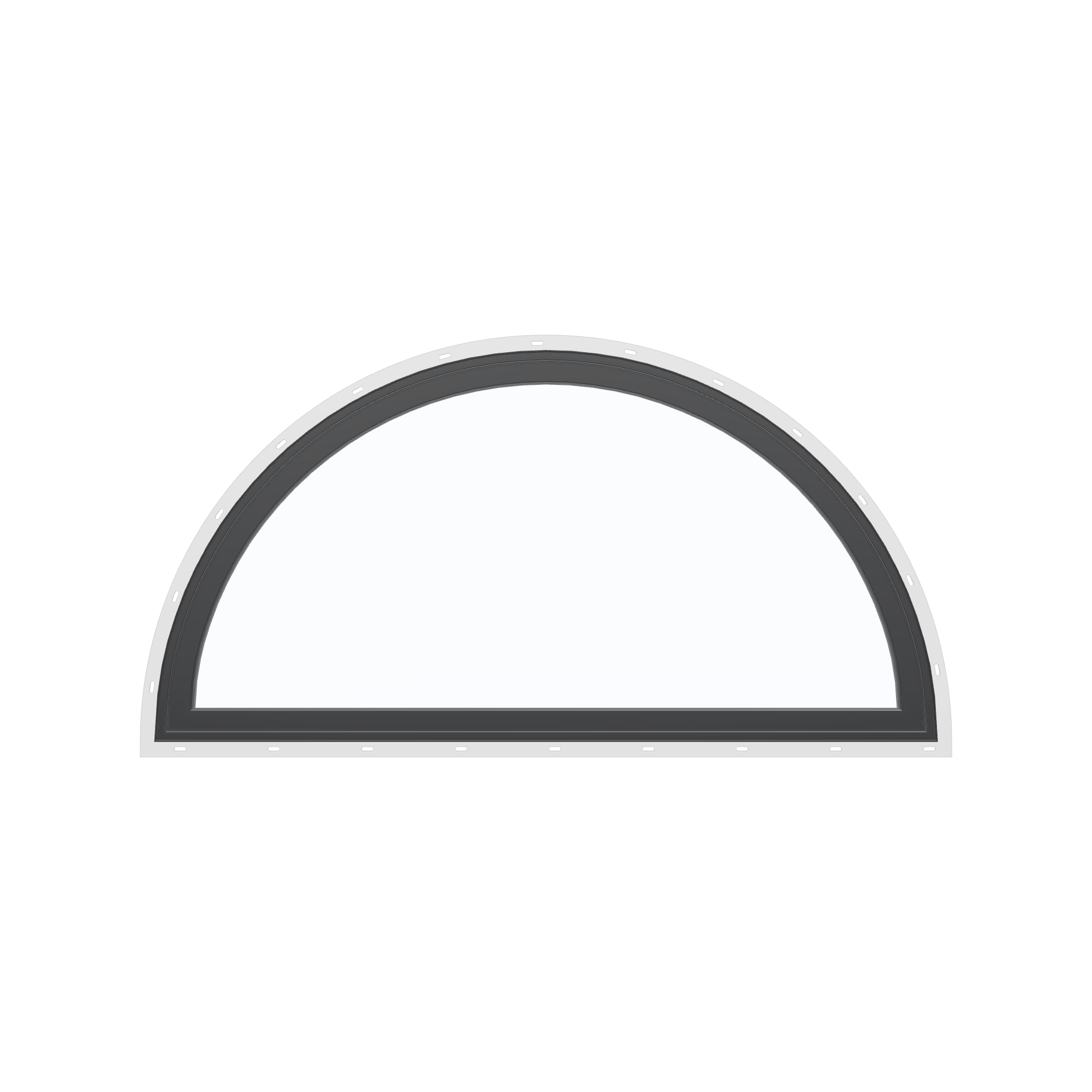 Straight exterior view of the 48 × 24 inch half round, black exterior / black interior, with nailing flange