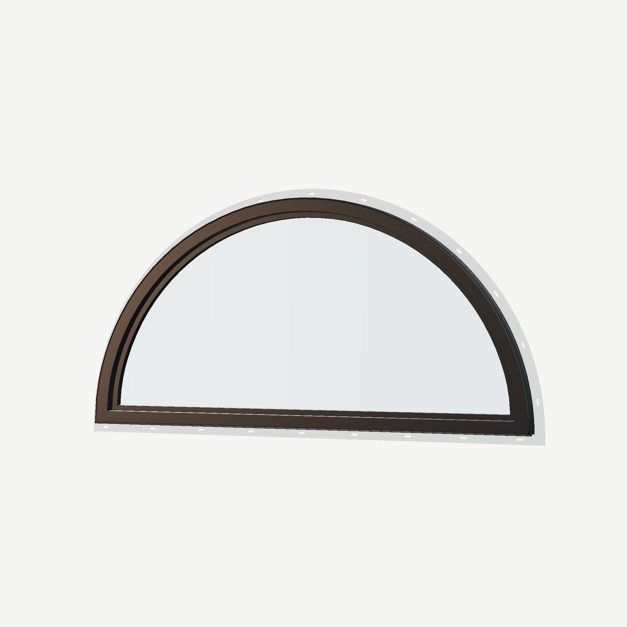 Angled interior view of the 48 × 24 inch half round, black exterior / black interior, with nailing flange
