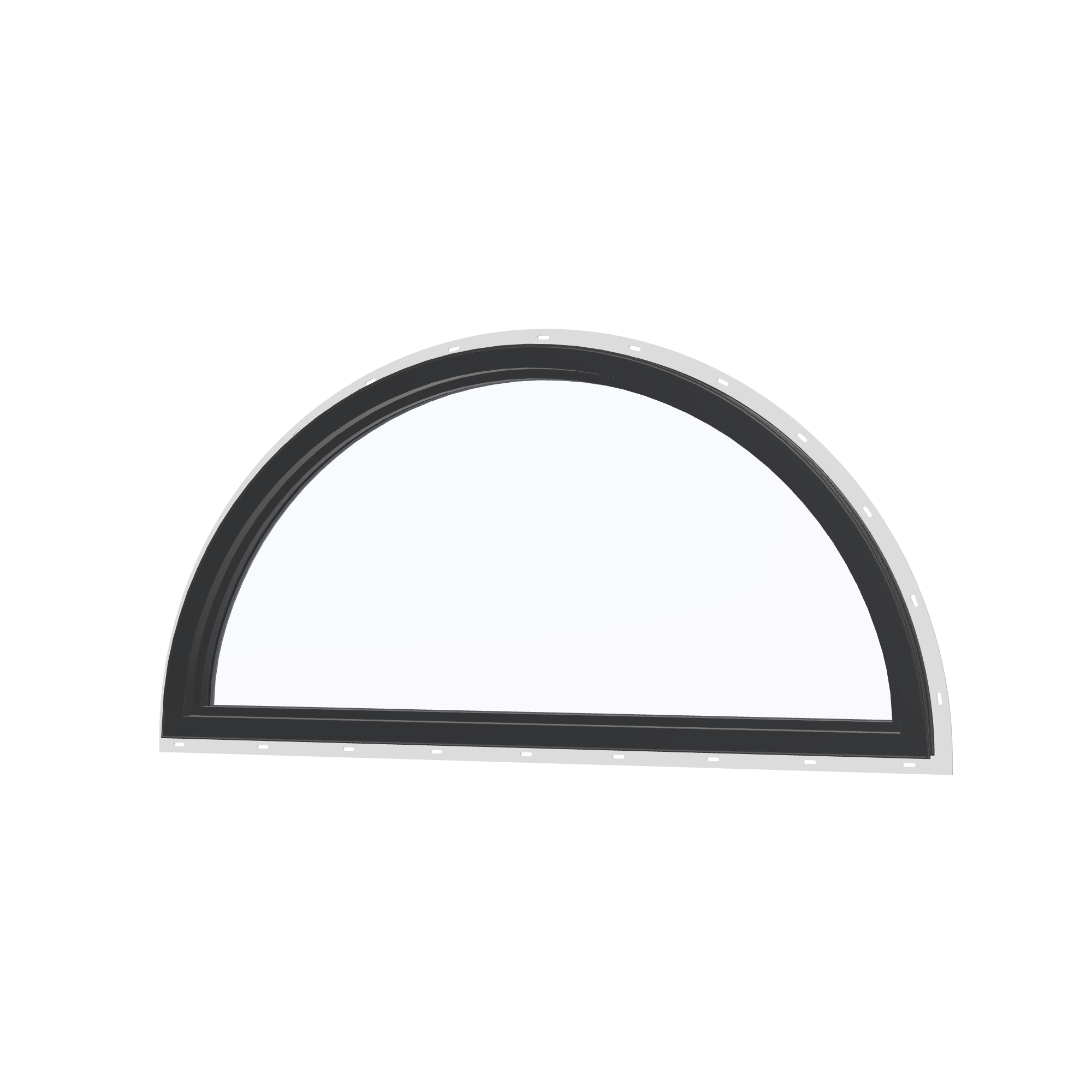 Angled interior view of the 48 × 24 inch half round, black exterior / black interior, with nailing flange