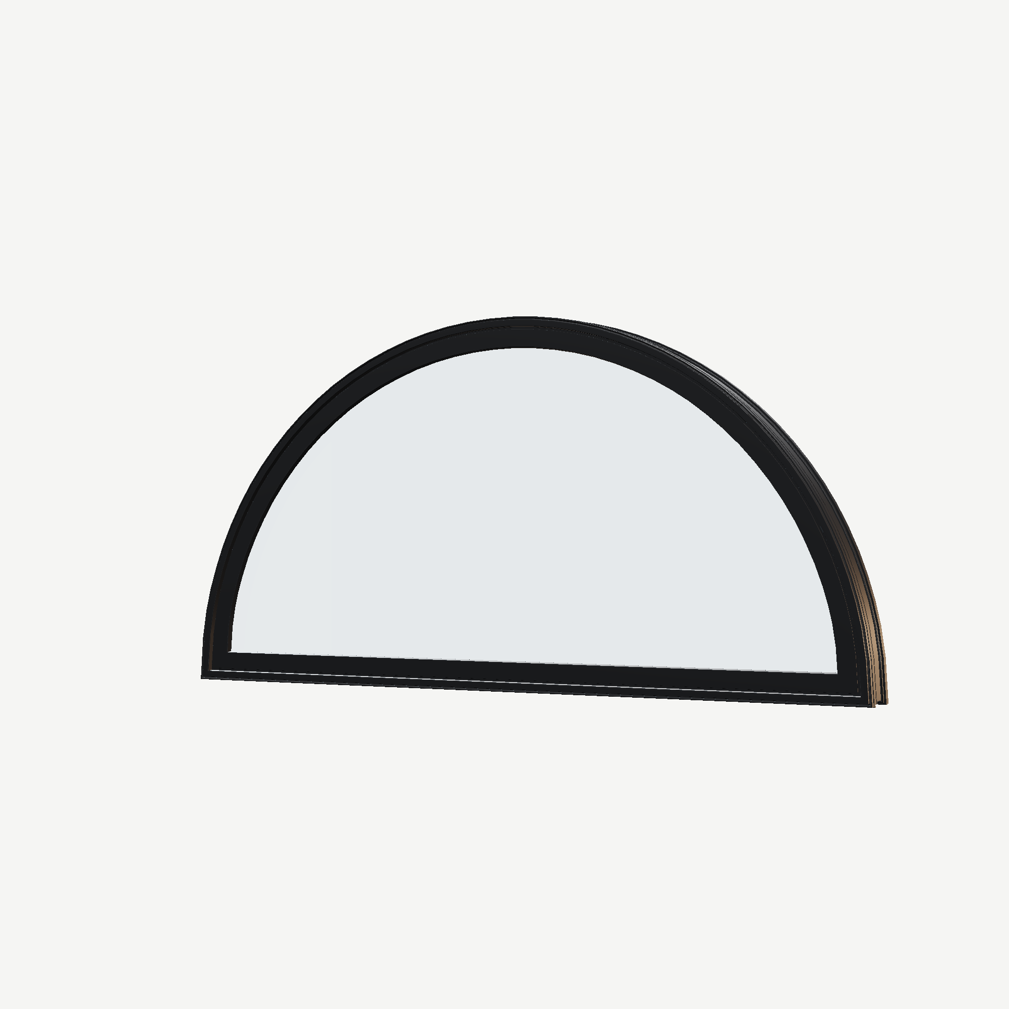 Angled exterior view of the 48 × 24 inch half round, black exterior / black interior, without nailing flange