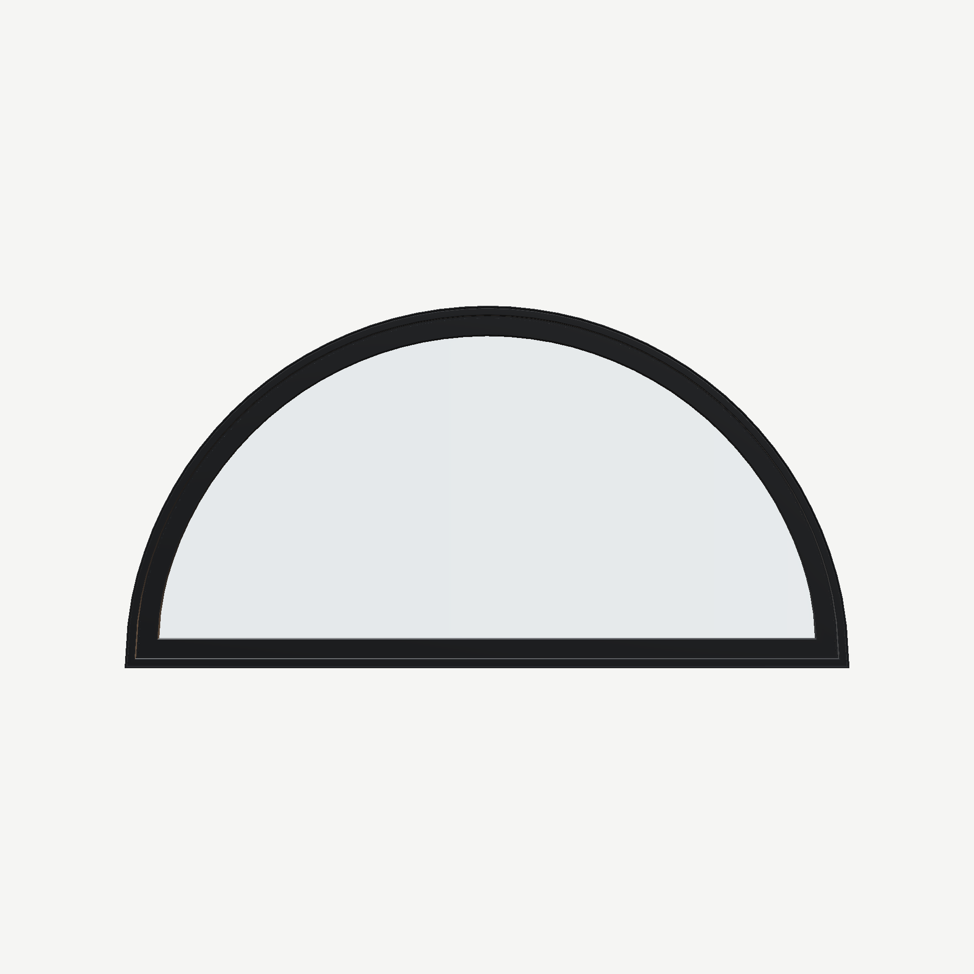 Straight exterior view of the 48 × 24 inch half round, black exterior / black interior, without nailing flange