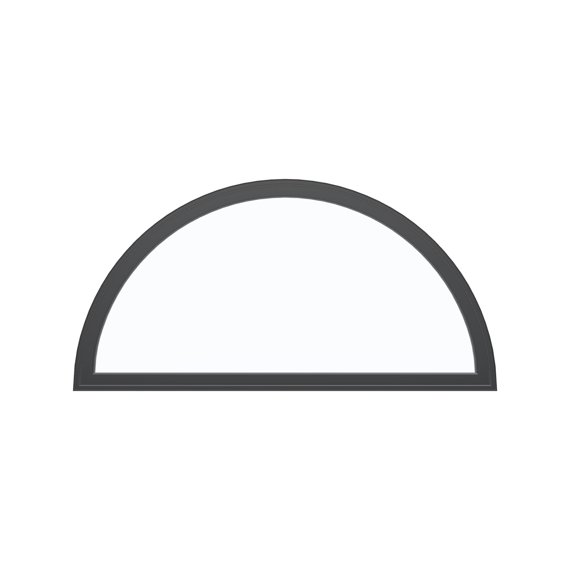 Straight exterior view of the 48 × 24 inch half round, black exterior / black interior, without nailing flange