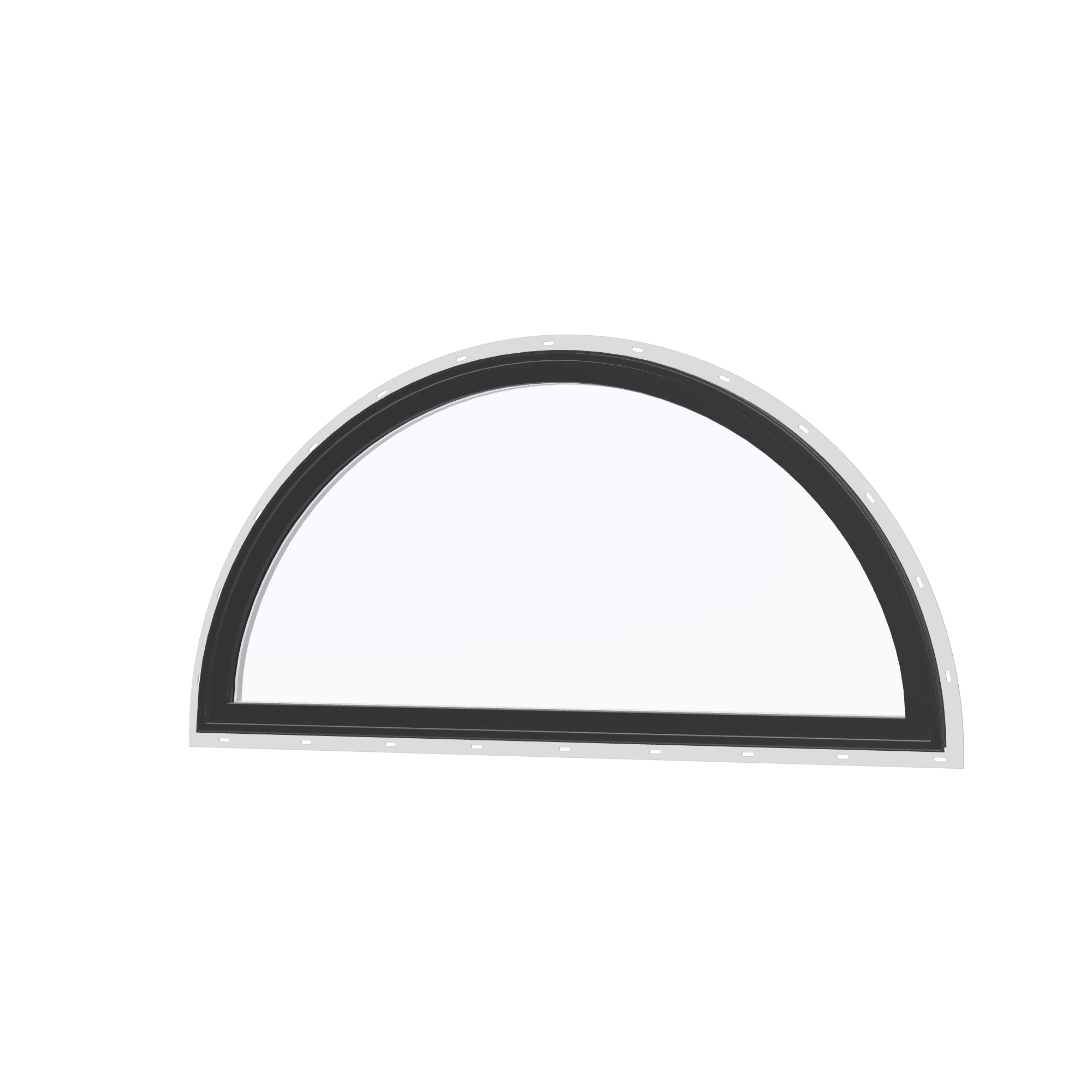 Angled exterior view of the 48 × 24 inch half round, black exterior / white interior, with nailing flange