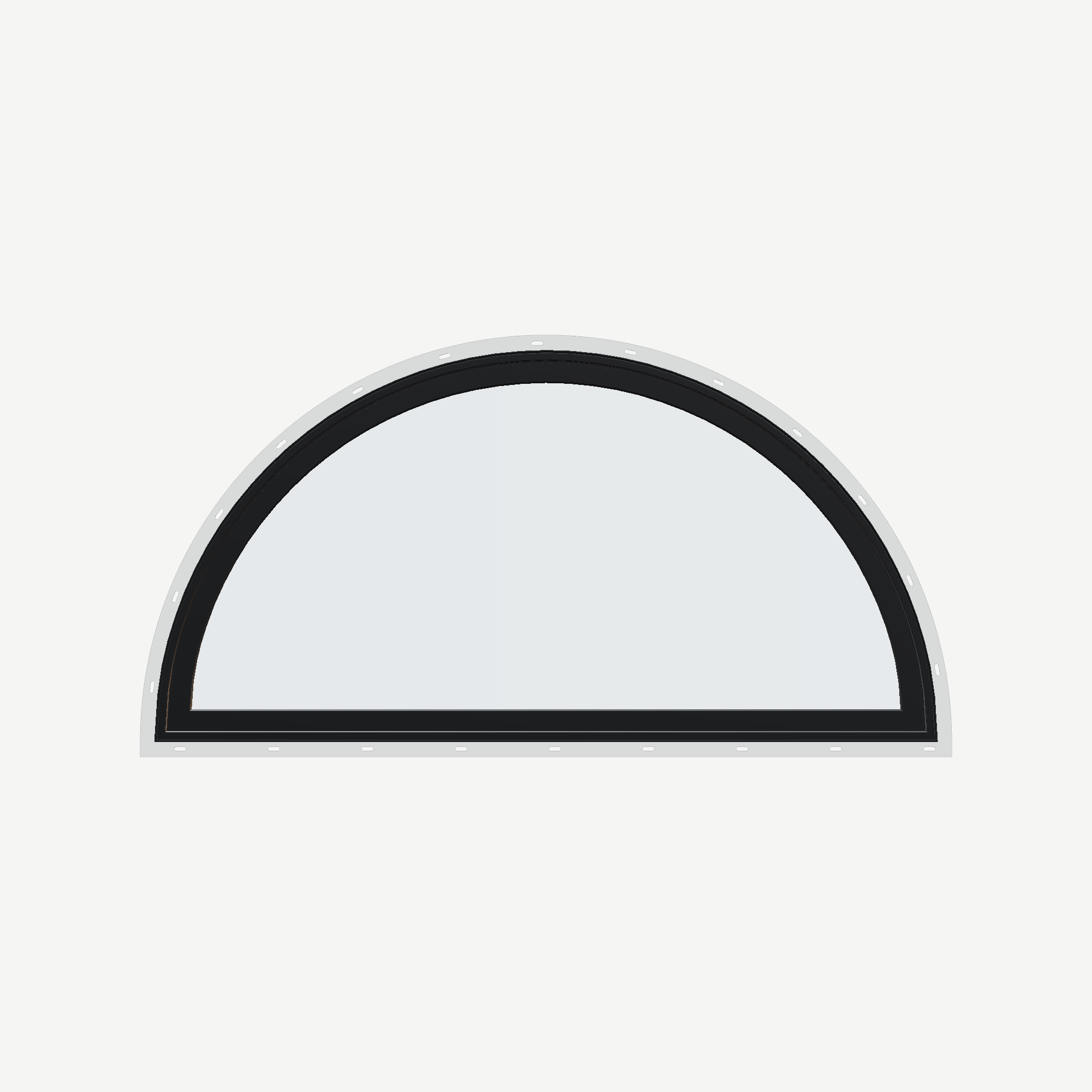 Straight exterior view of the 48 × 24 inch half round, black exterior / white interior, with nailing flange