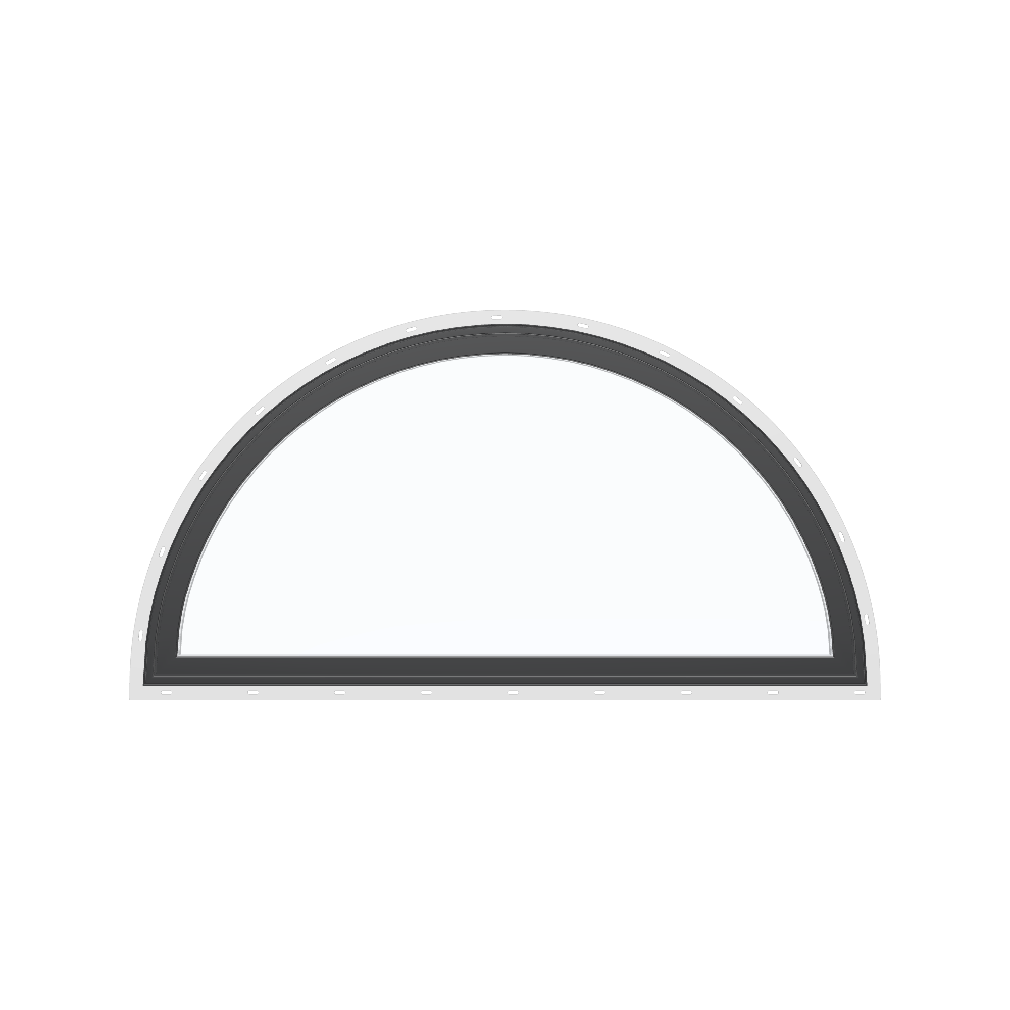 Straight exterior view of the 48 × 24 inch half round, black exterior / white interior, with nailing flange