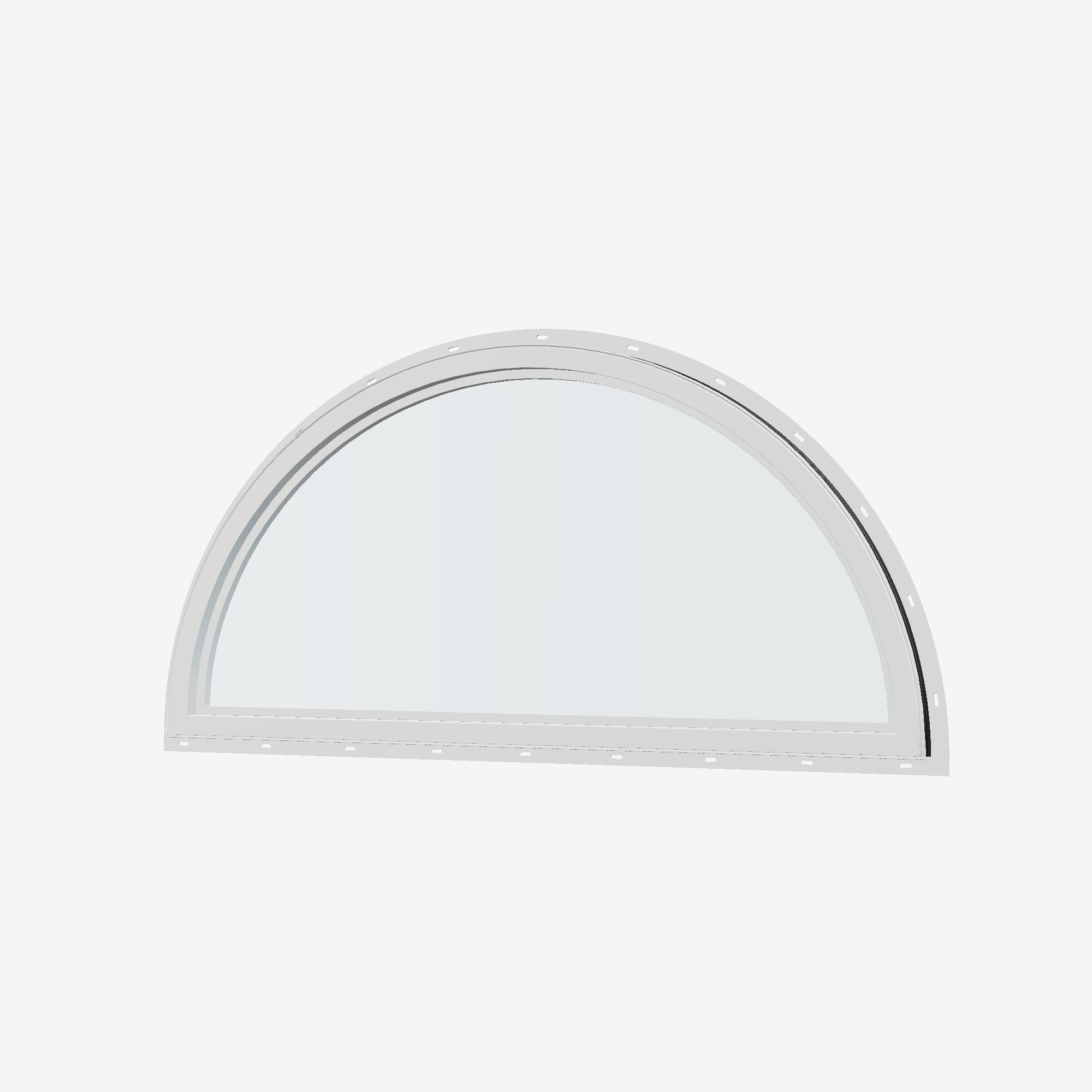 Angled interior view of the 48 × 24 inch half round, black exterior / white interior, with nailing flange