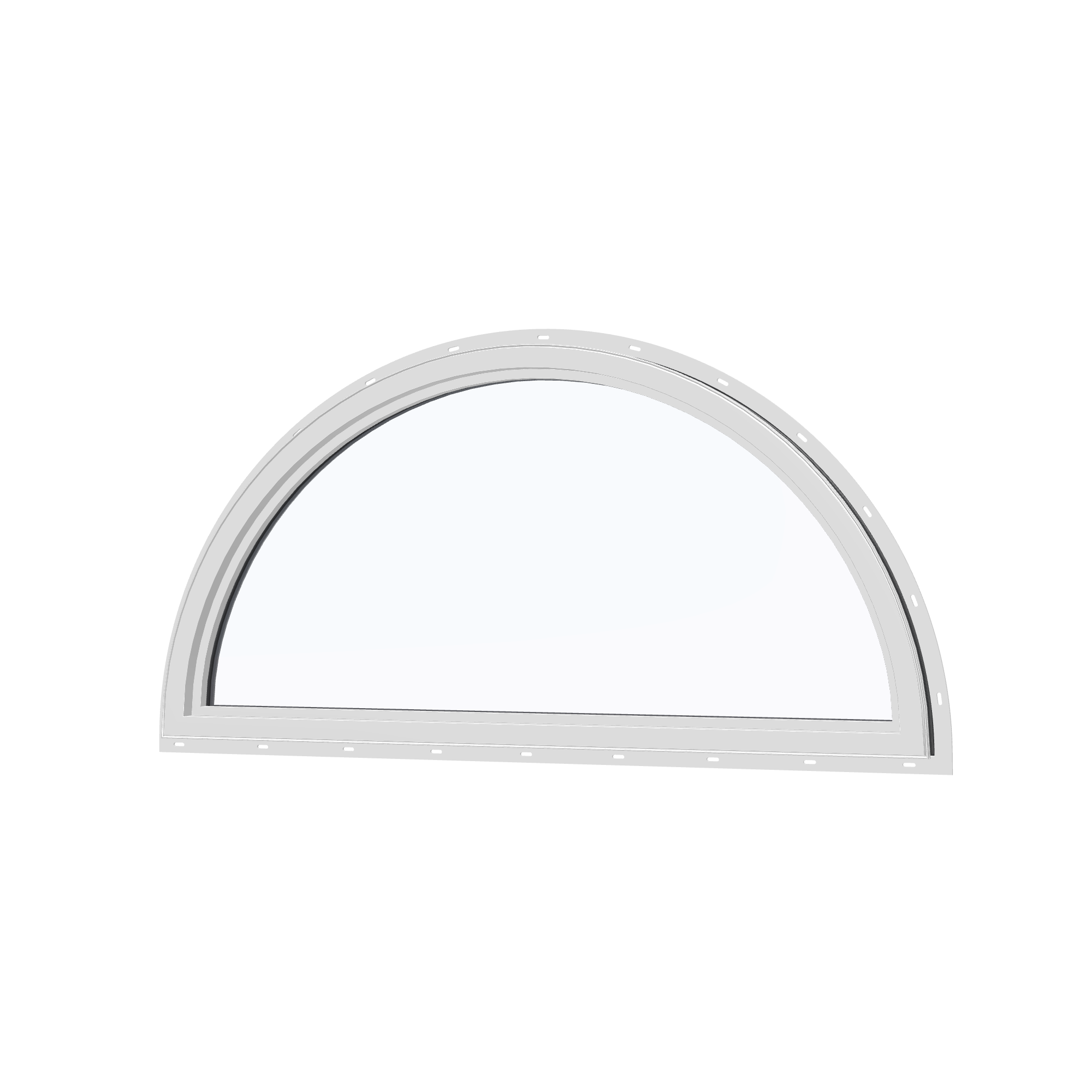 Angled interior view of the 48 × 24 inch half round, black exterior / white interior, with nailing flange