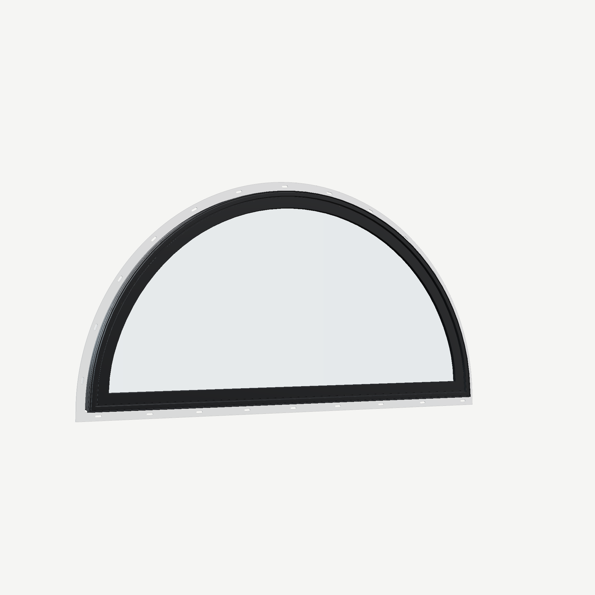 Opposite exterior angle of the 48 × 24 inch half round, black exterior / white interior, with nailing flange