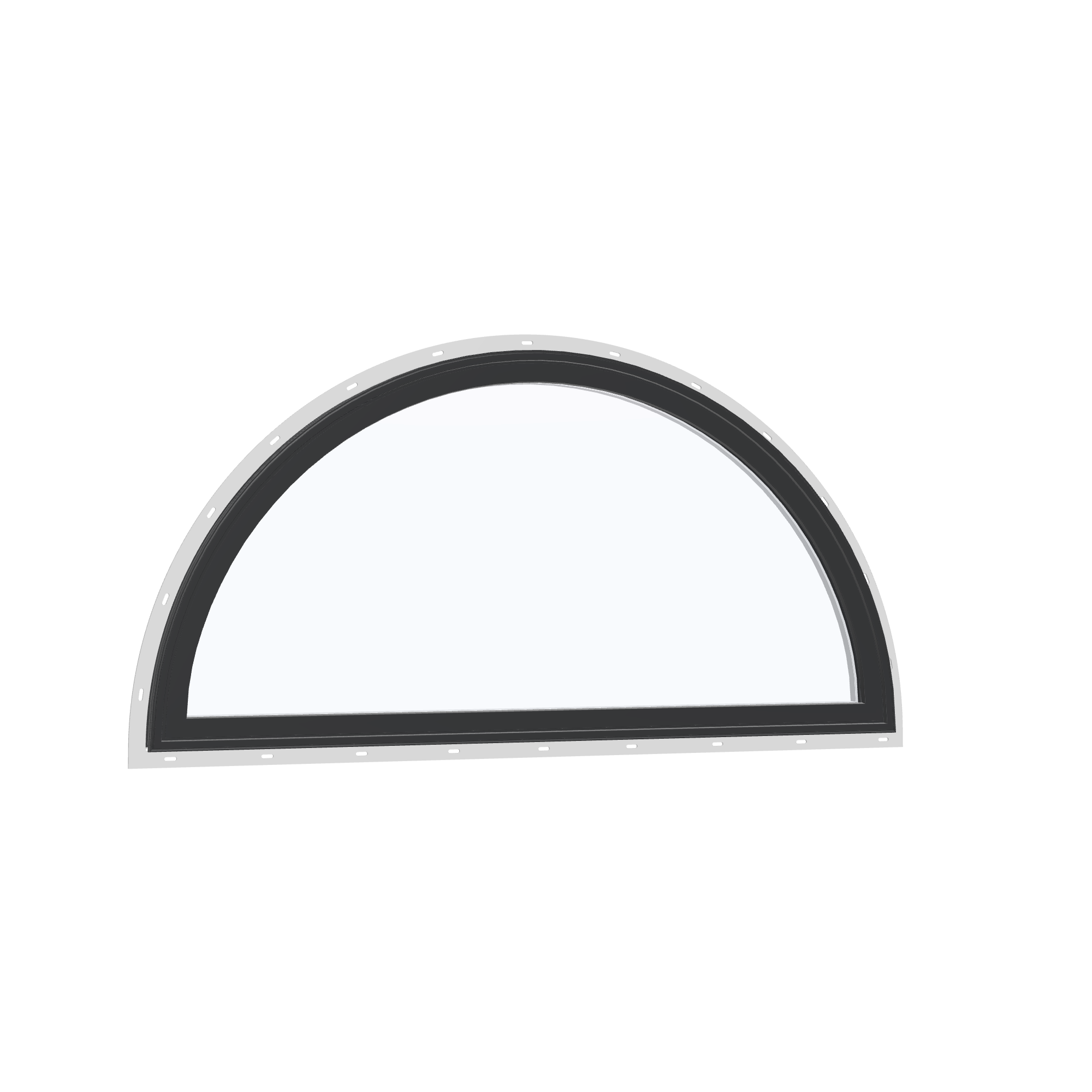 Opposite exterior angle of the 48 × 24 inch half round, black exterior / white interior, with nailing flange
