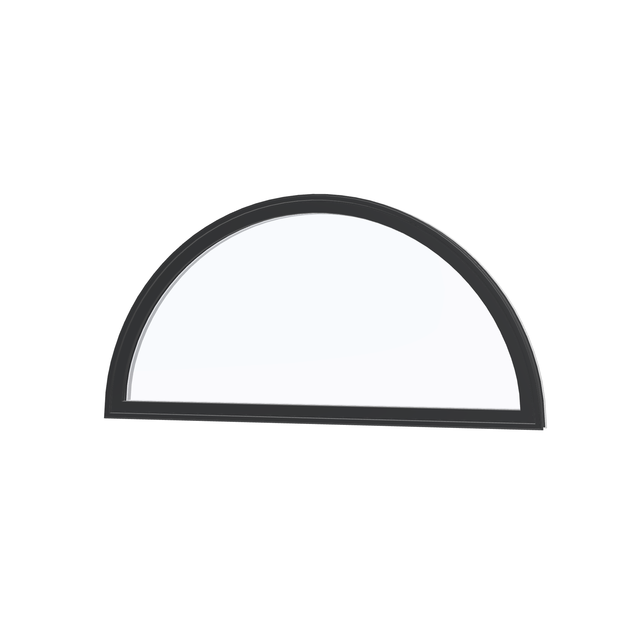 Angled exterior view of the 48 × 24 inch half round, black exterior / white interior, without nailing flange