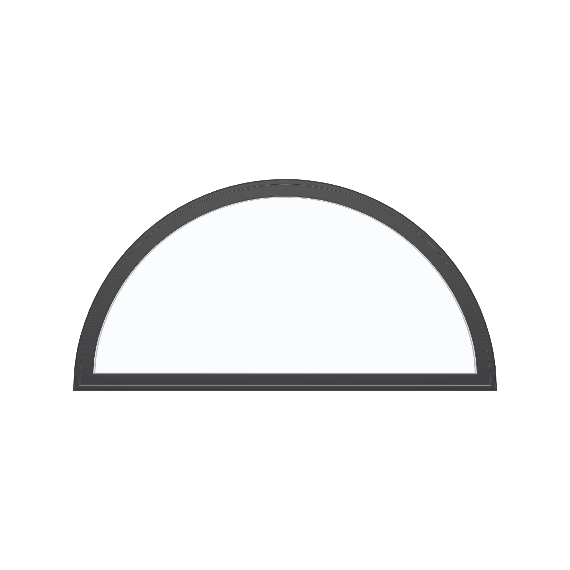 Straight exterior view of the 48 × 24 inch half round, black exterior / white interior, without nailing flange