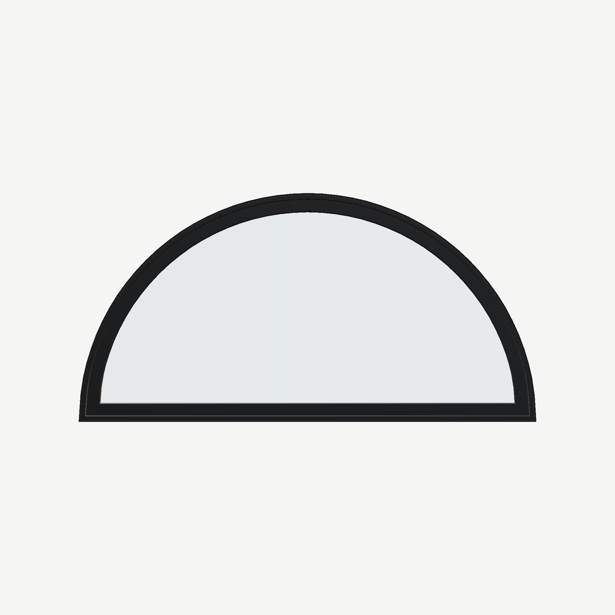 Straight exterior view of the 48 × 24 inch half round, black exterior / white interior, without nailing flange