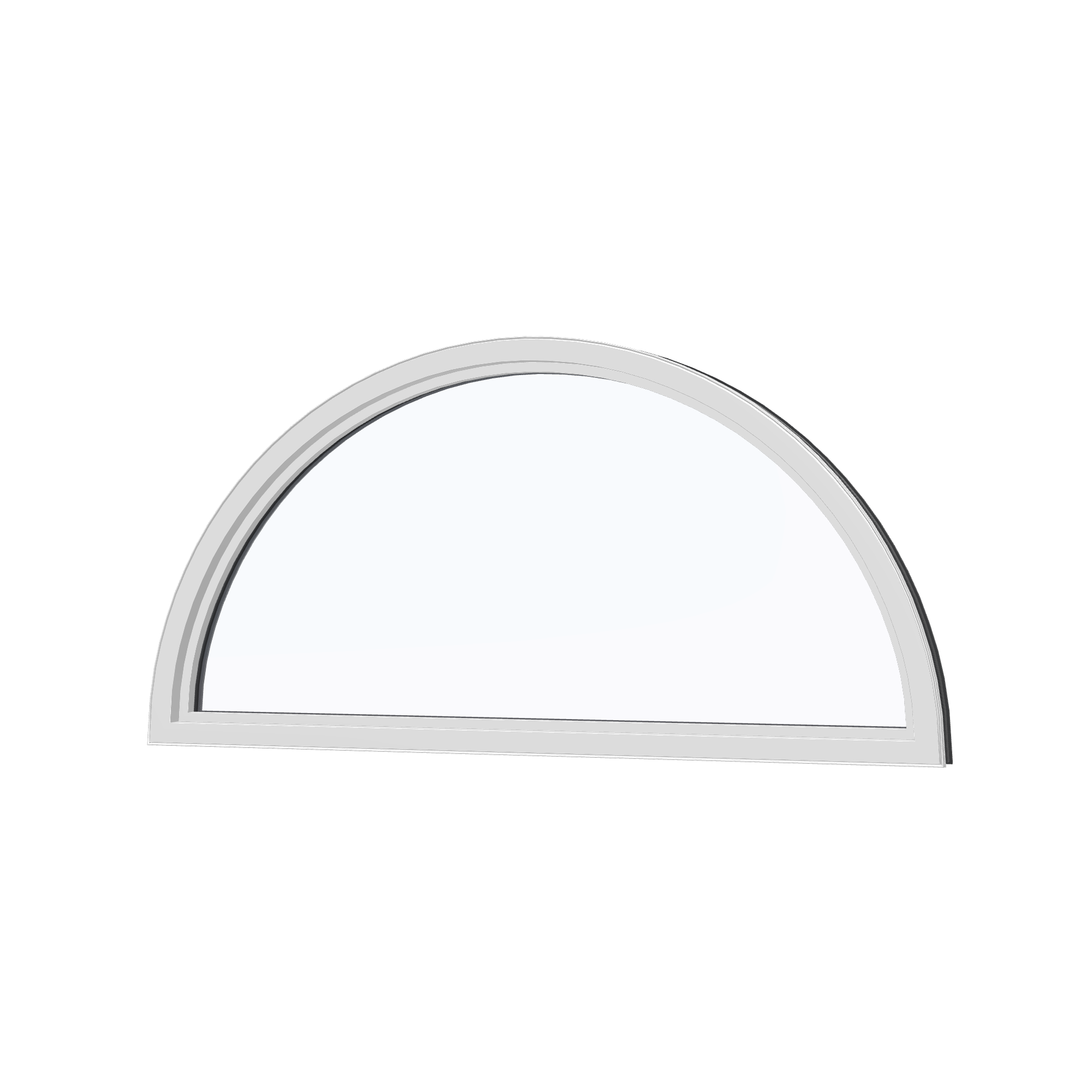 Angled interior view of the 48 × 24 inch half round, black exterior / white interior, without nailing flange