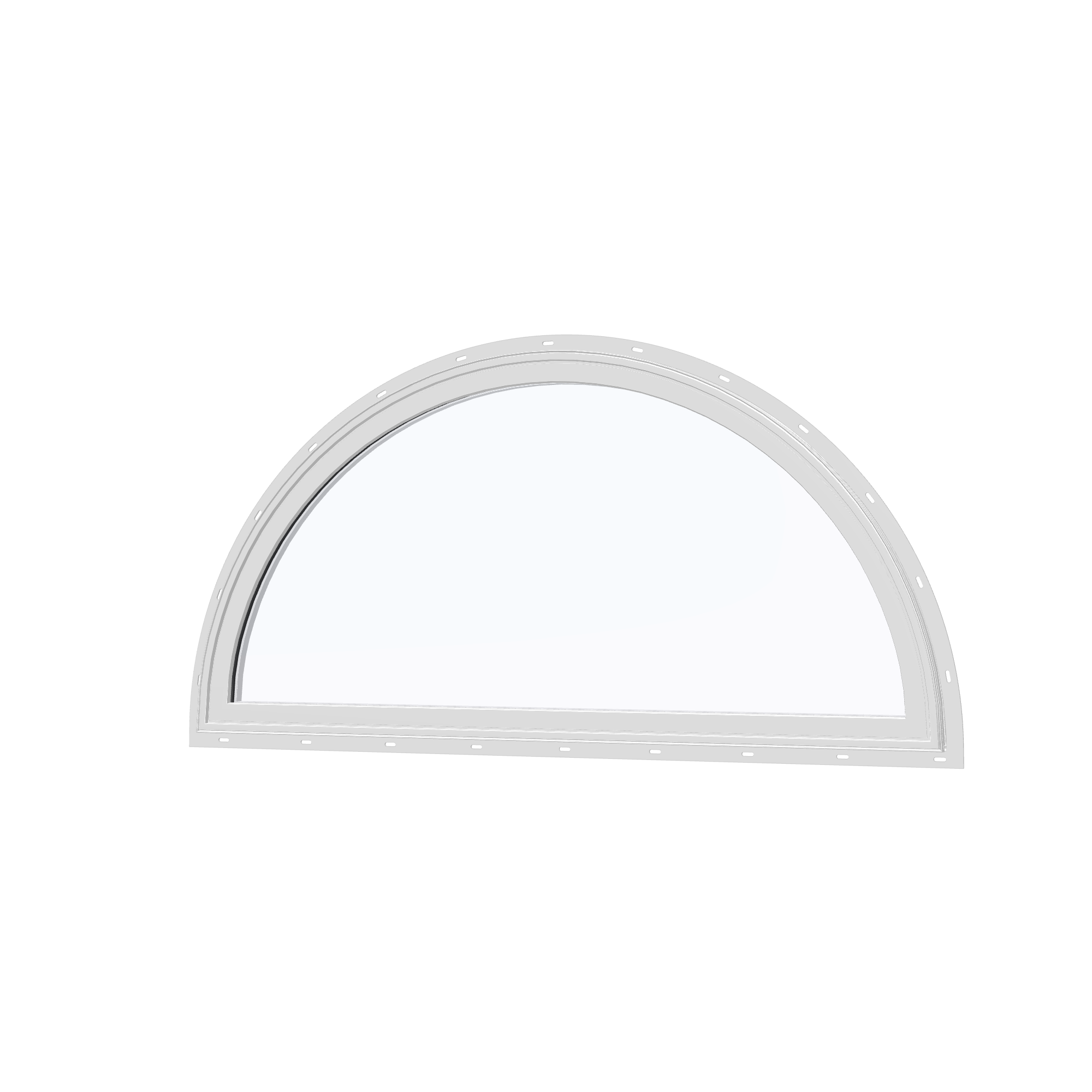Angled exterior view of the 48 × 24 inch half round, white exterior / white interior, with nailing flange