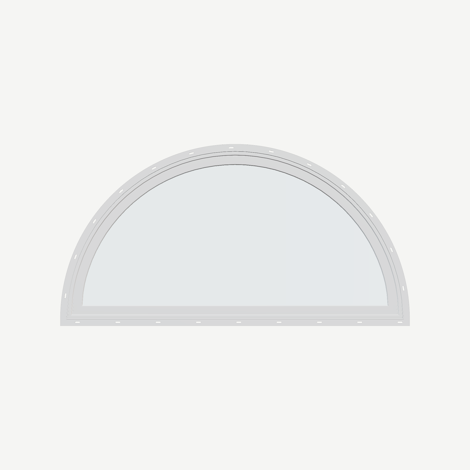 Straight exterior view of the 48 × 24 inch half round, white exterior / white interior, with nailing flange
