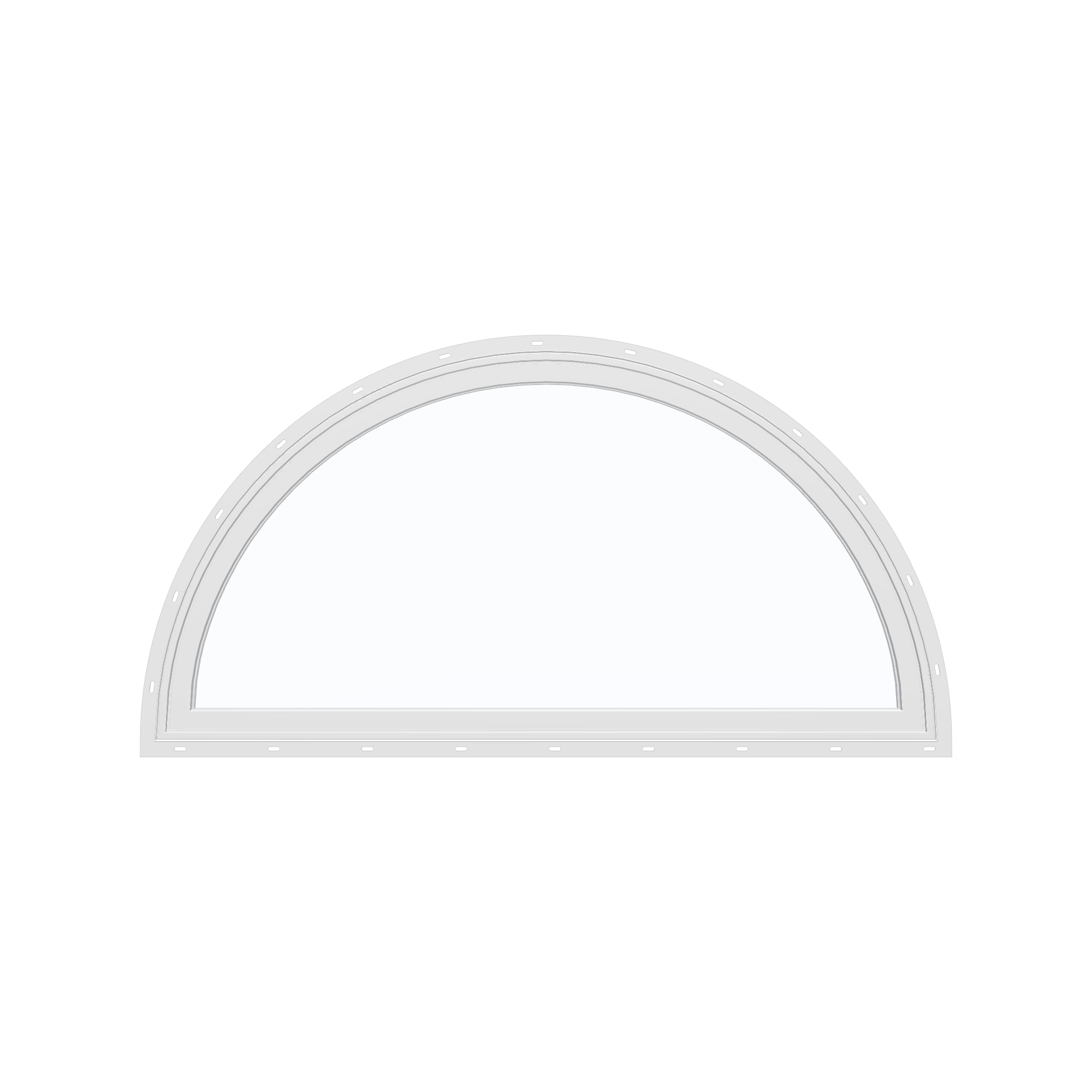Straight exterior view of the 48 × 24 inch half round, white exterior / white interior, with nailing flange
