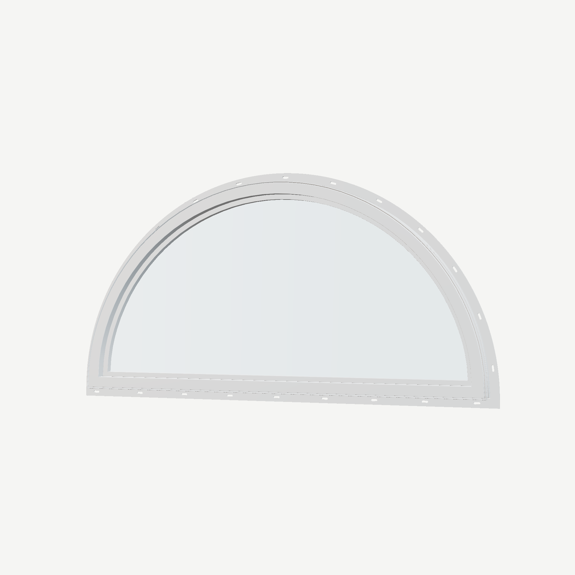 Angled interior view of the 48 × 24 inch half round, white exterior / white interior, with nailing flange