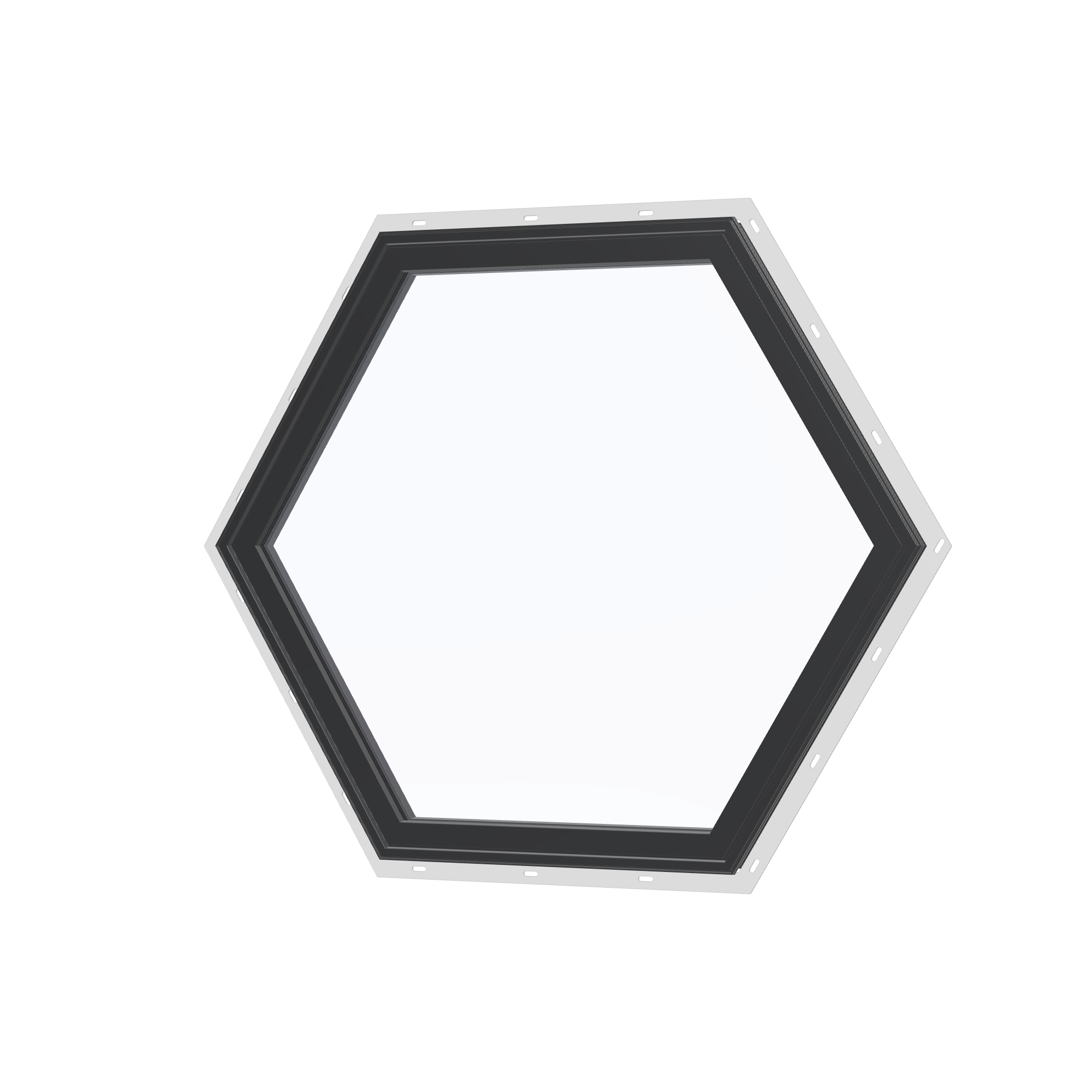 Angled exterior view of the 36 × 36 inch hexagon, black exterior / black interior, with nailing flange