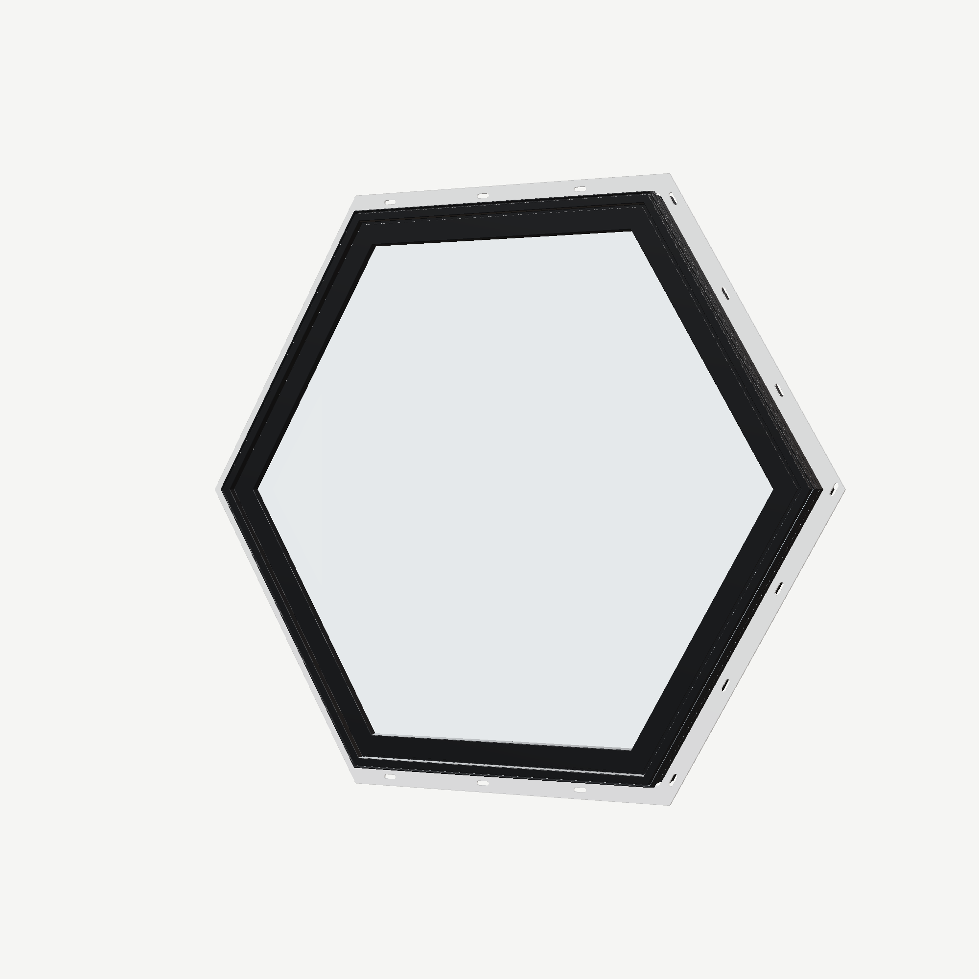 Angled exterior view of the 36 × 36 inch hexagon, black exterior / black interior, with nailing flange
