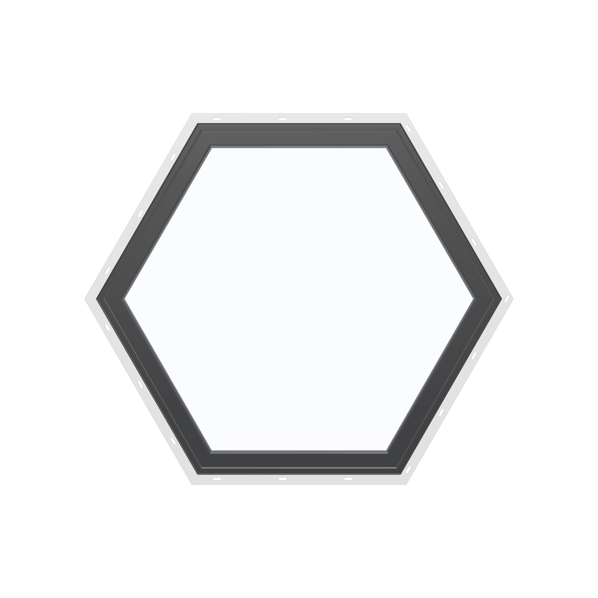 Straight exterior view of the 36 × 36 inch hexagon, black exterior / black interior, with nailing flange