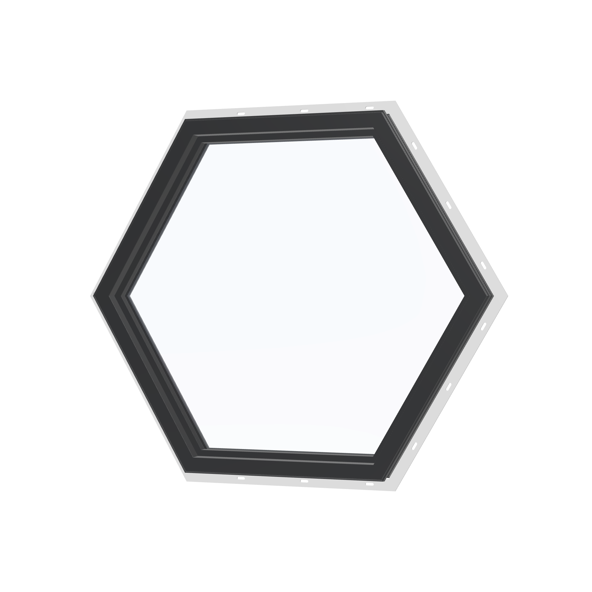 Angled interior view of the 36 × 36 inch hexagon, black exterior / black interior, with nailing flange