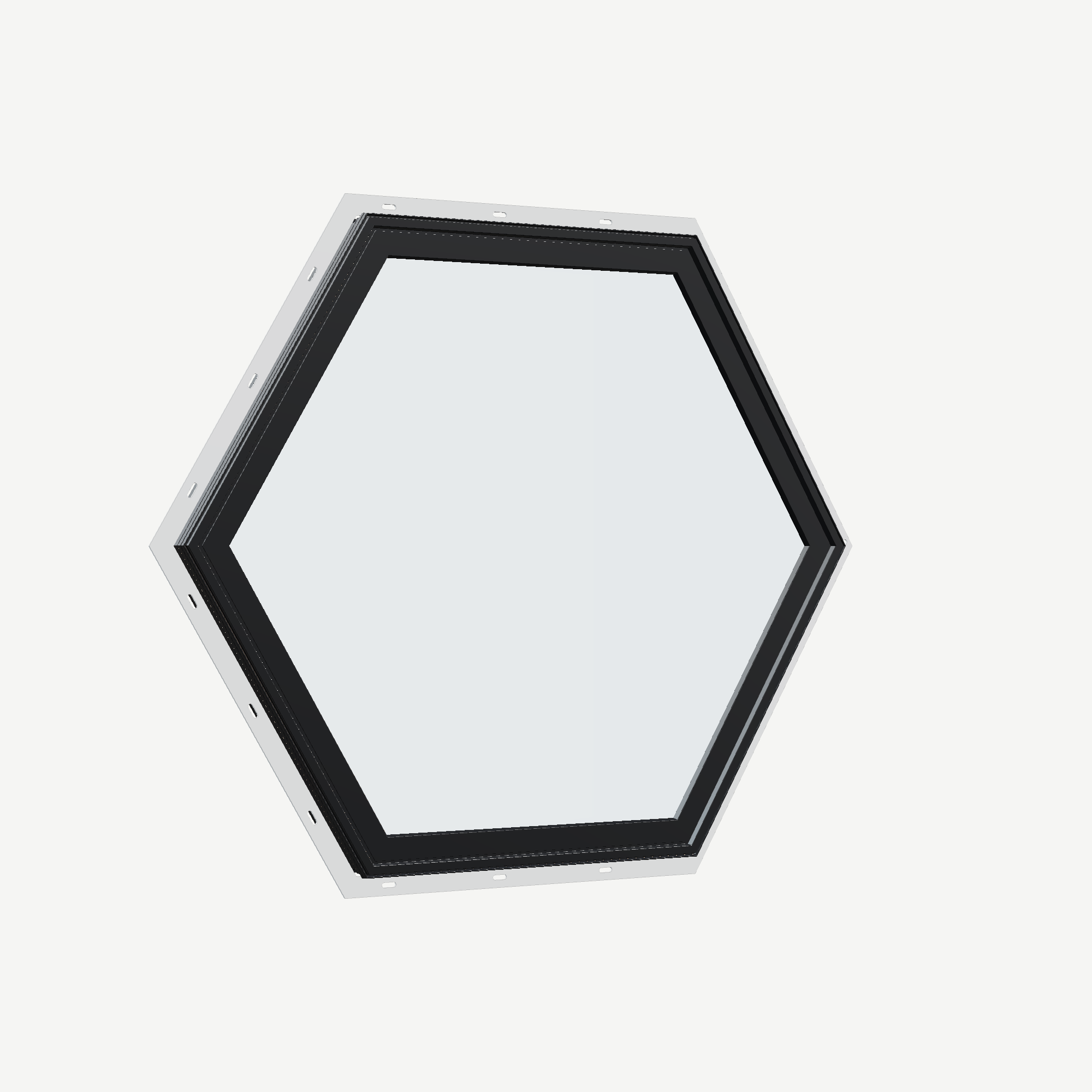 Opposite exterior angle of the 36 × 36 inch hexagon, black exterior / black interior, with nailing flange