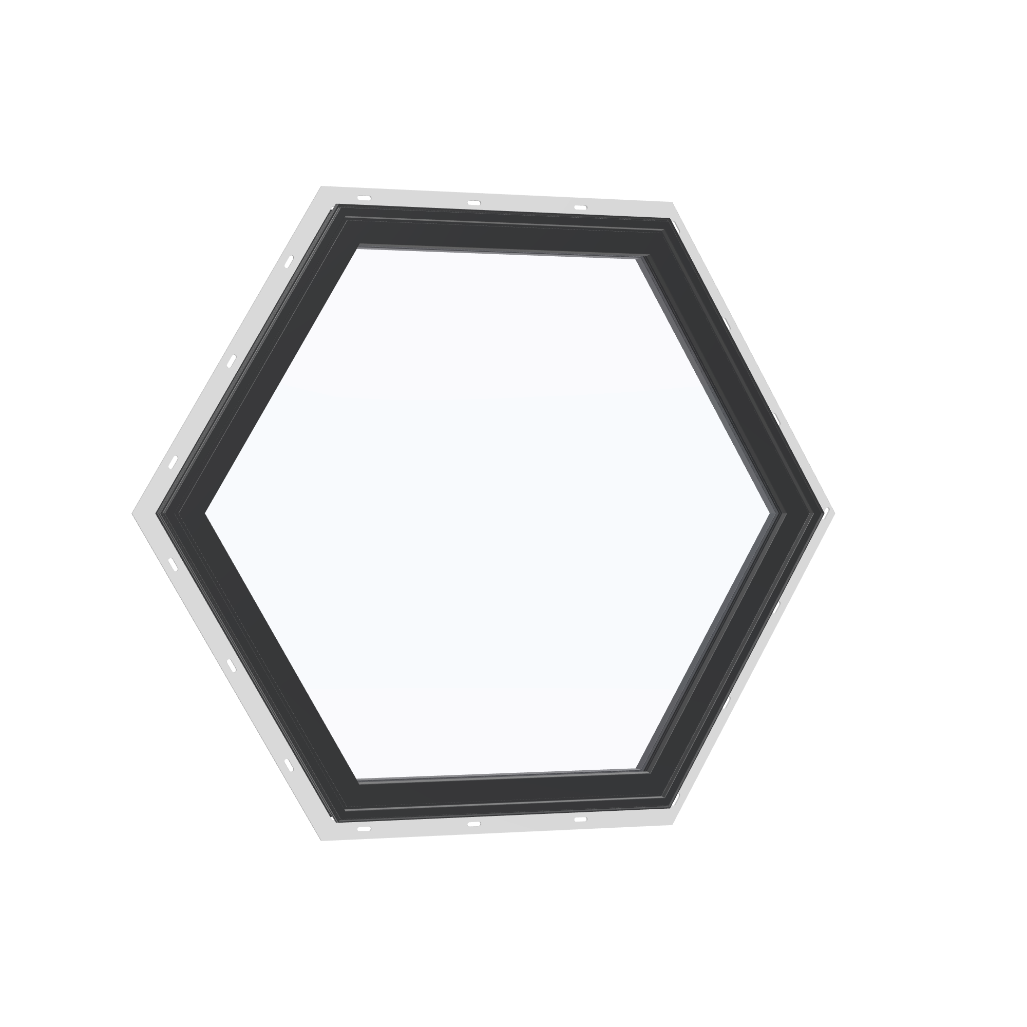Opposite exterior angle of the 36 × 36 inch hexagon, black exterior / black interior, with nailing flange