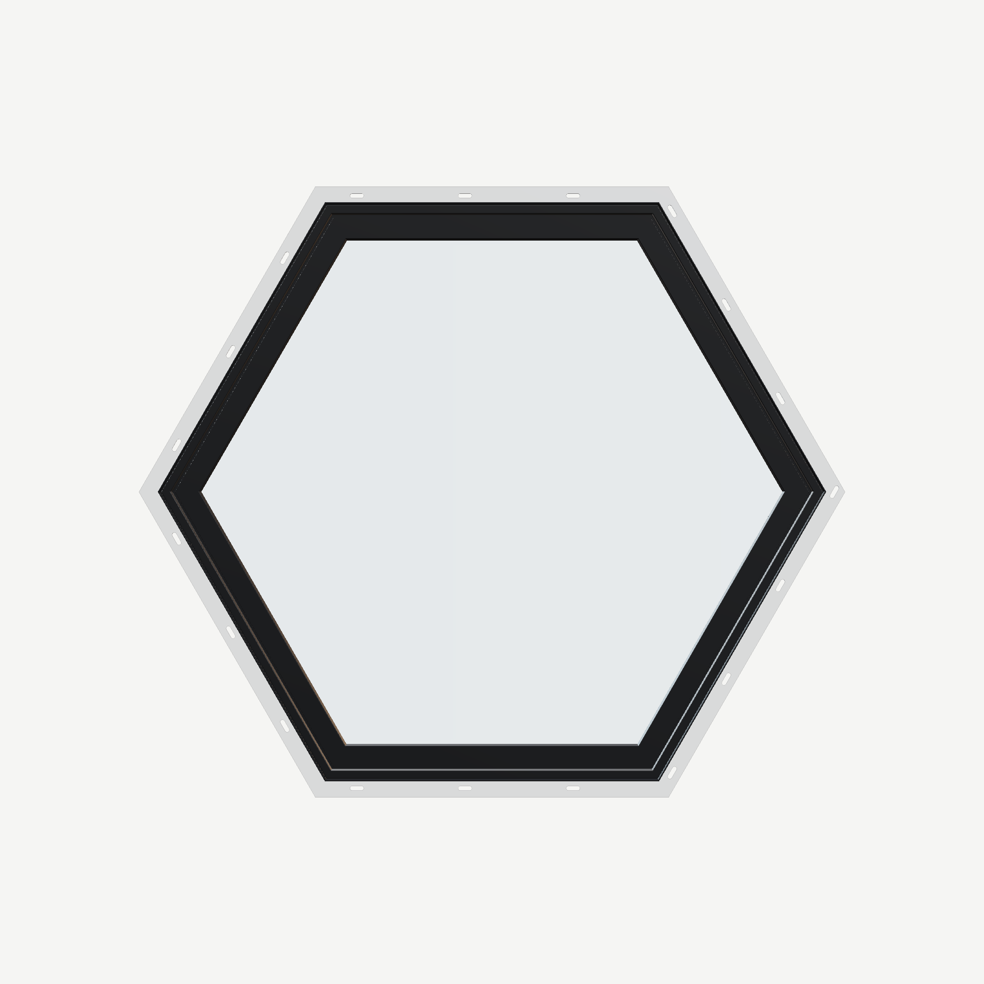 Straight exterior view of the 36 × 36 inch hexagon, black exterior / white interior, with nailing flange