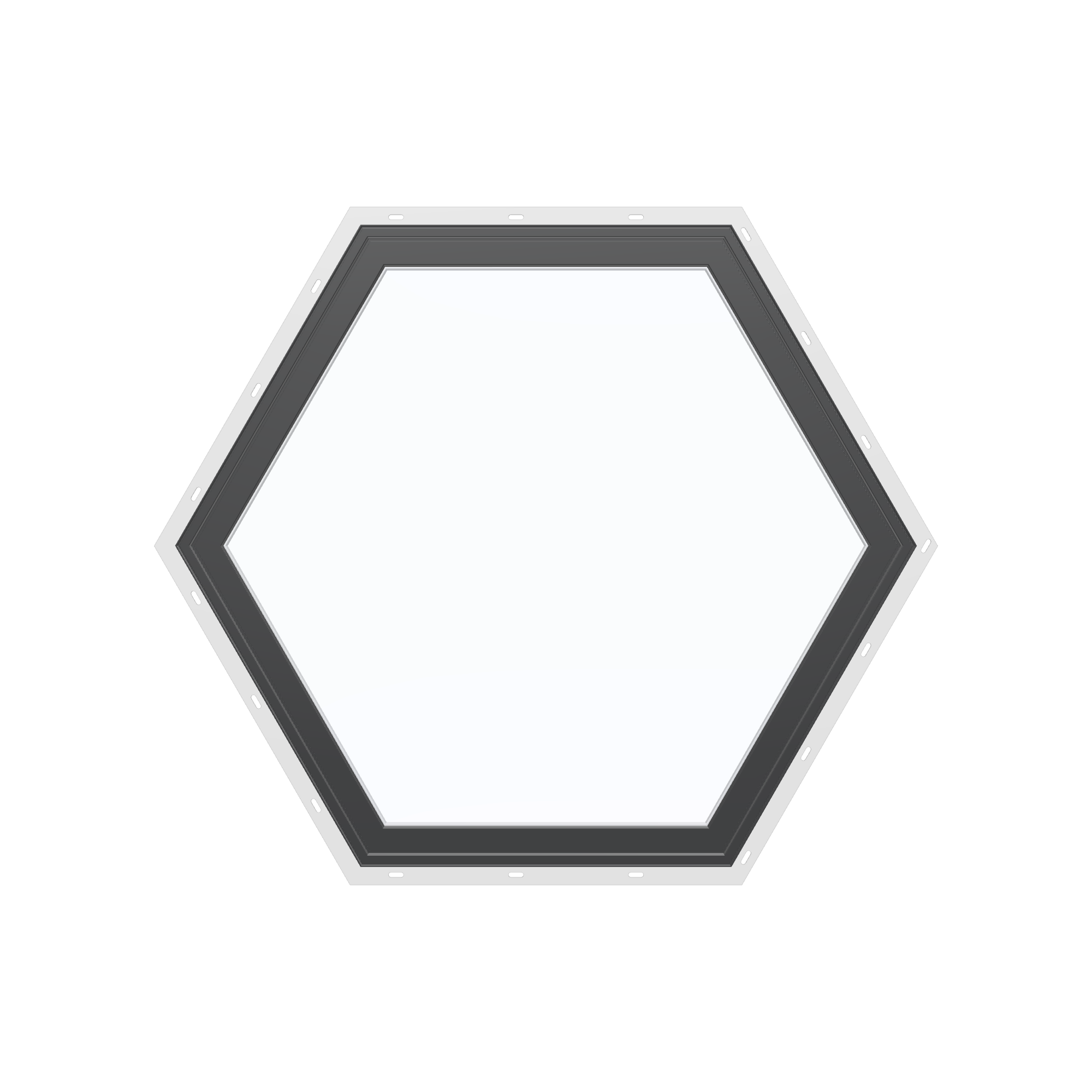 Straight exterior view of the 36 × 36 inch hexagon, black exterior / white interior, with nailing flange