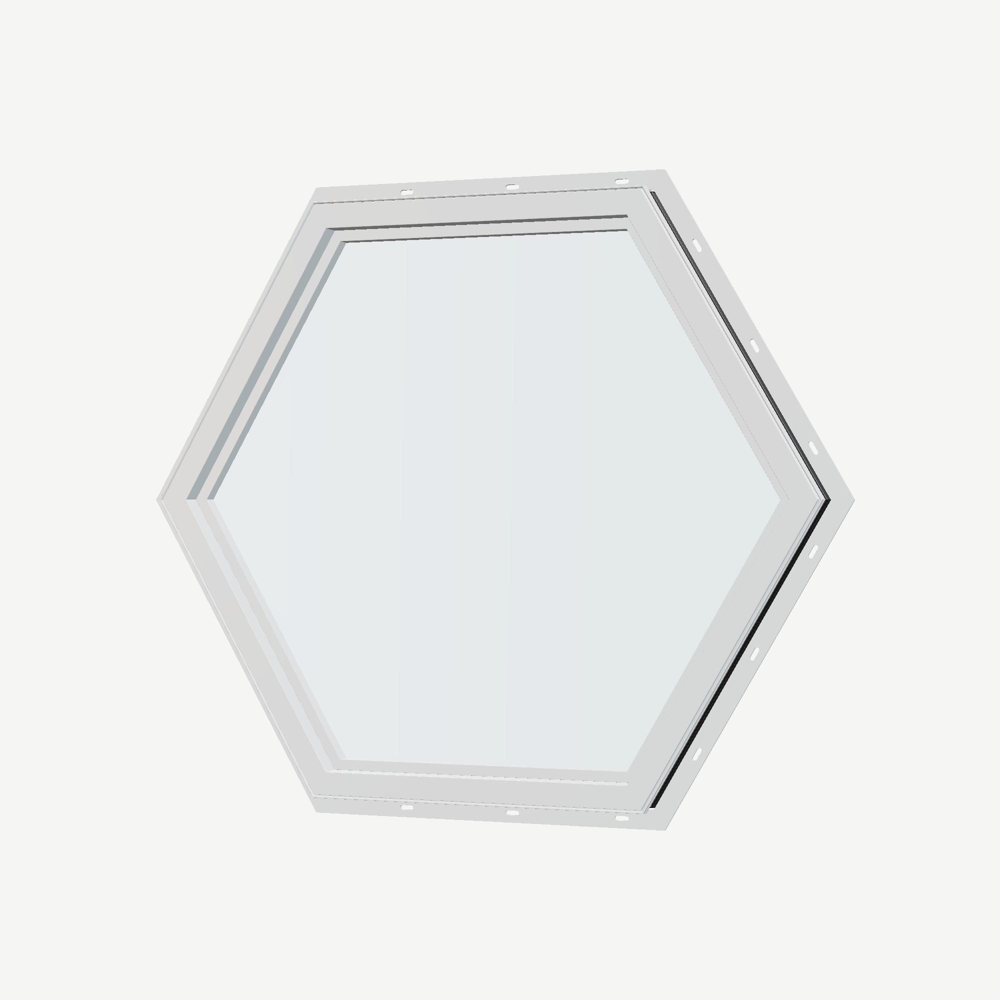 Angled interior view of the 36 × 36 inch hexagon, black exterior / white interior, with nailing flange