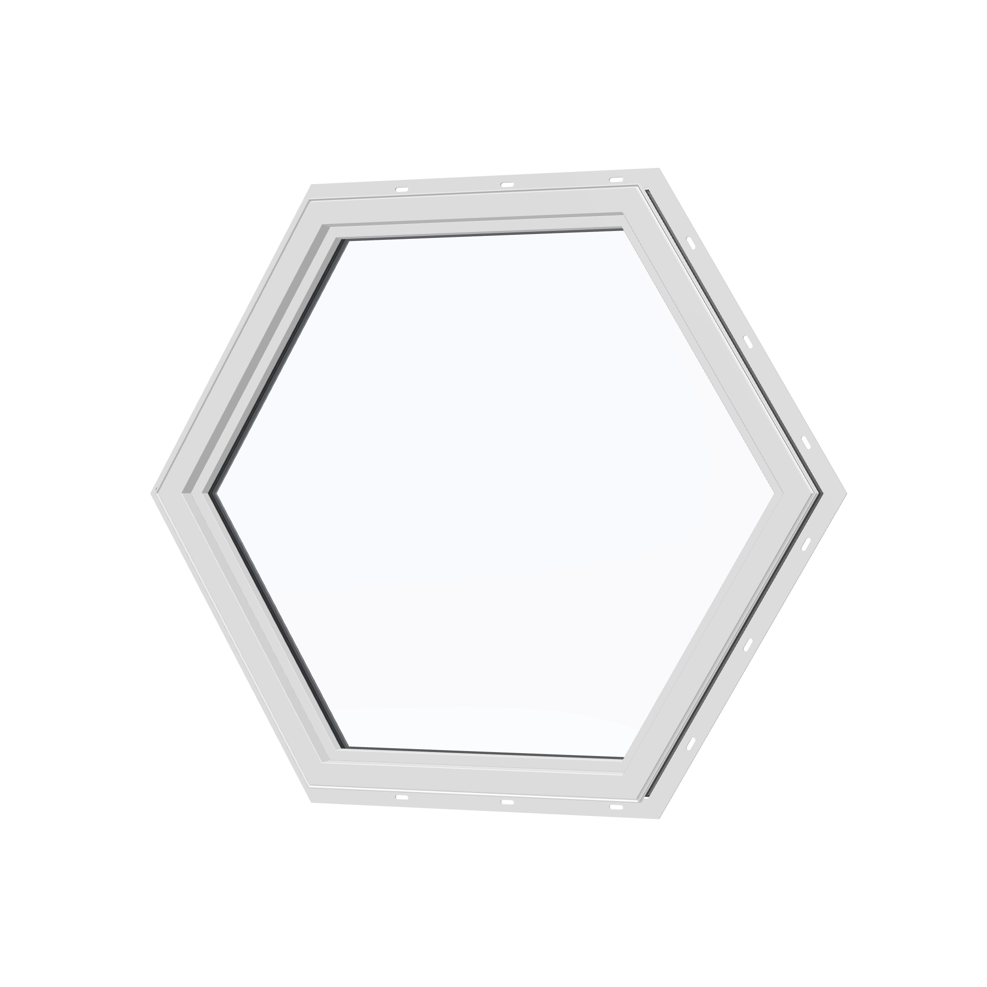 Angled interior view of the 36 × 36 inch hexagon, black exterior / white interior, with nailing flange