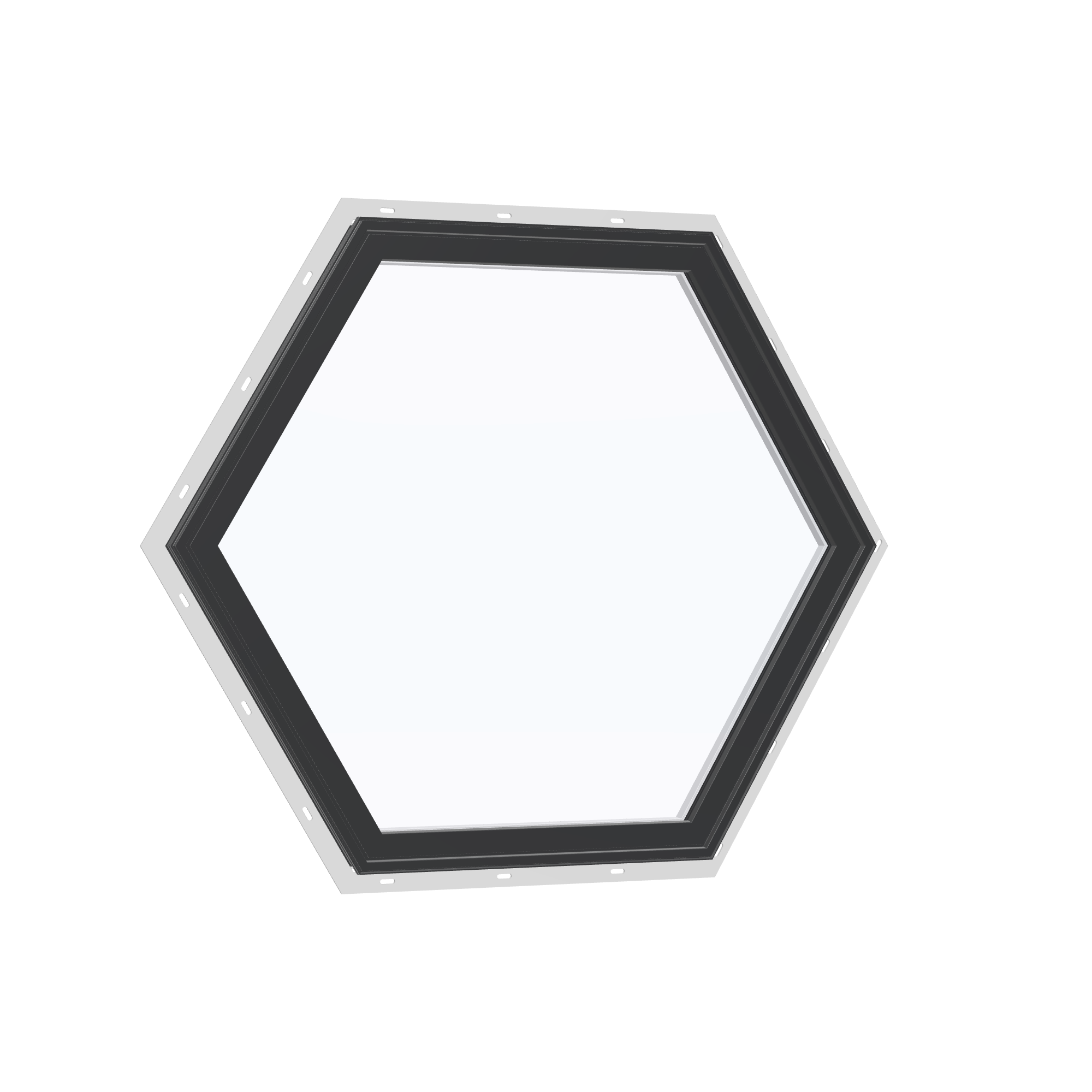 Opposite exterior angle of the 36 × 36 inch hexagon, black exterior / white interior, with nailing flange