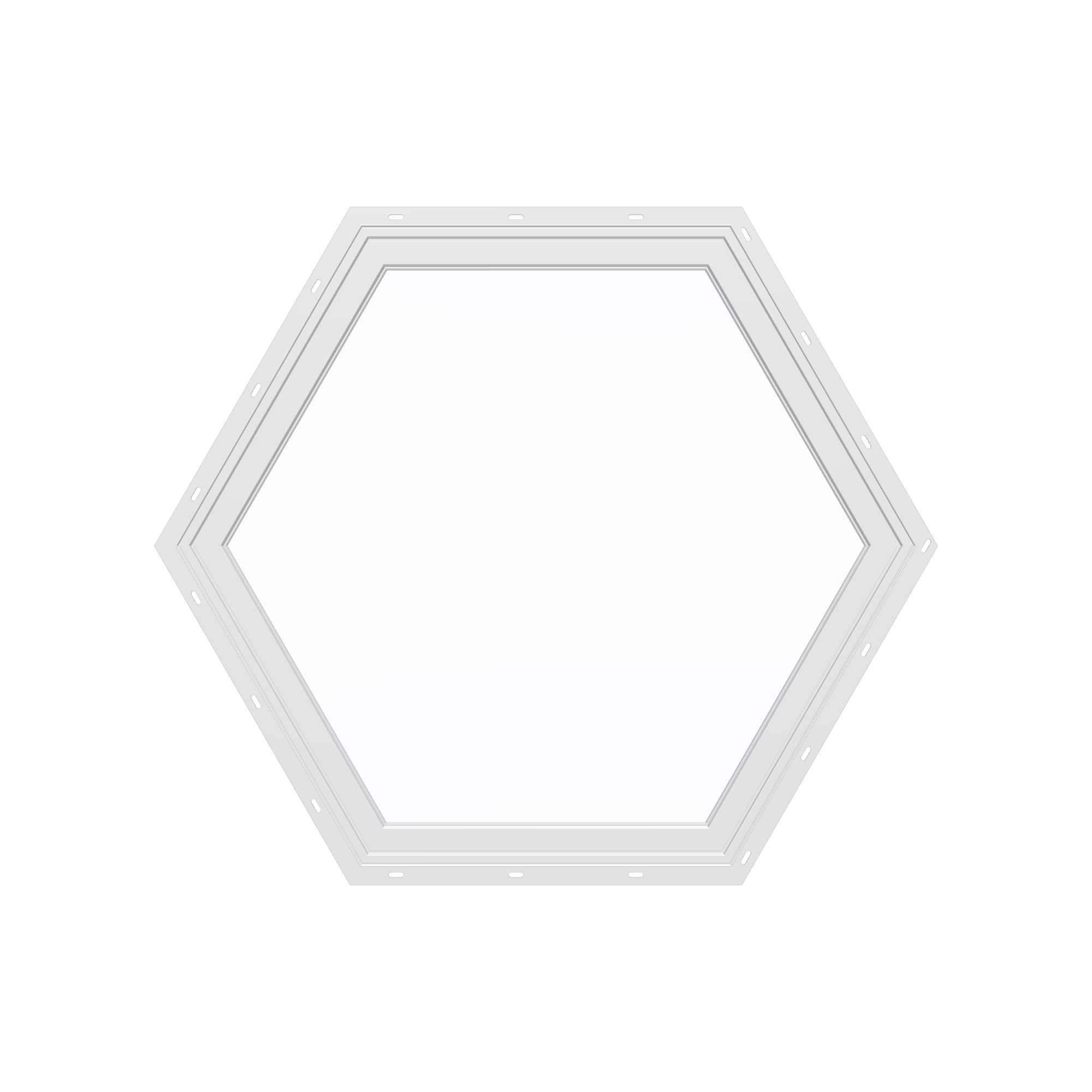 Straight exterior view of the 36 × 36 inch hexagon, white exterior / white interior, with nailing flange