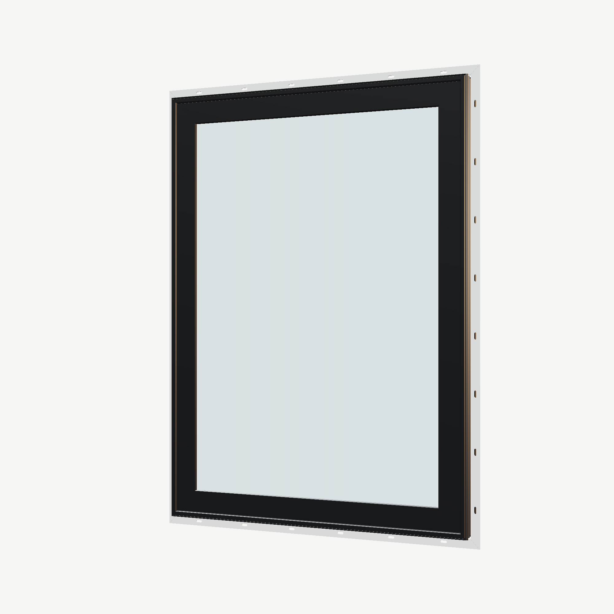 Angled exterior view of the 36 × 48 inch high fixed window, black exterior / black interior, with nailing flange