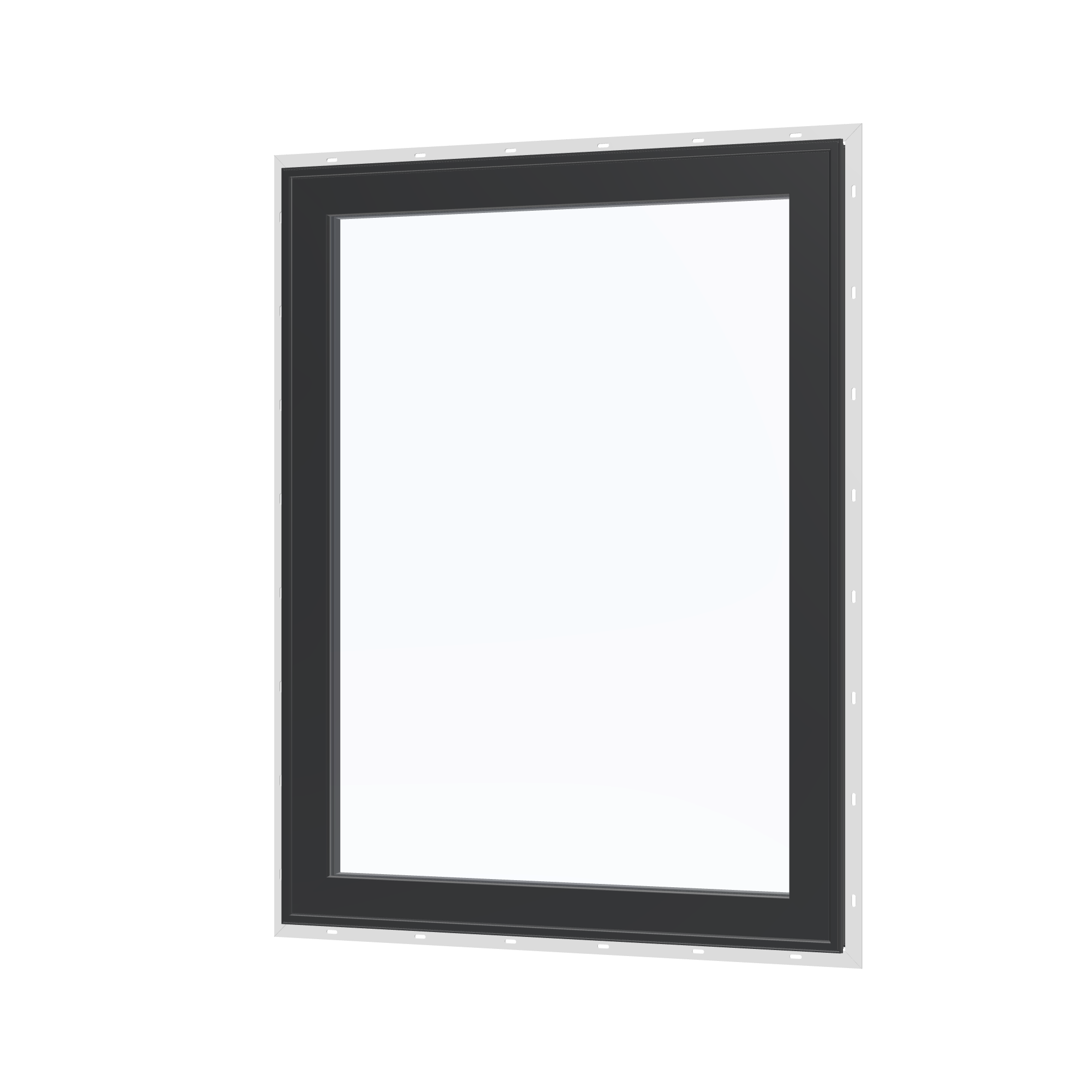 Angled exterior view of the 36 × 48 inch high fixed window, black exterior / black interior, with nailing flange