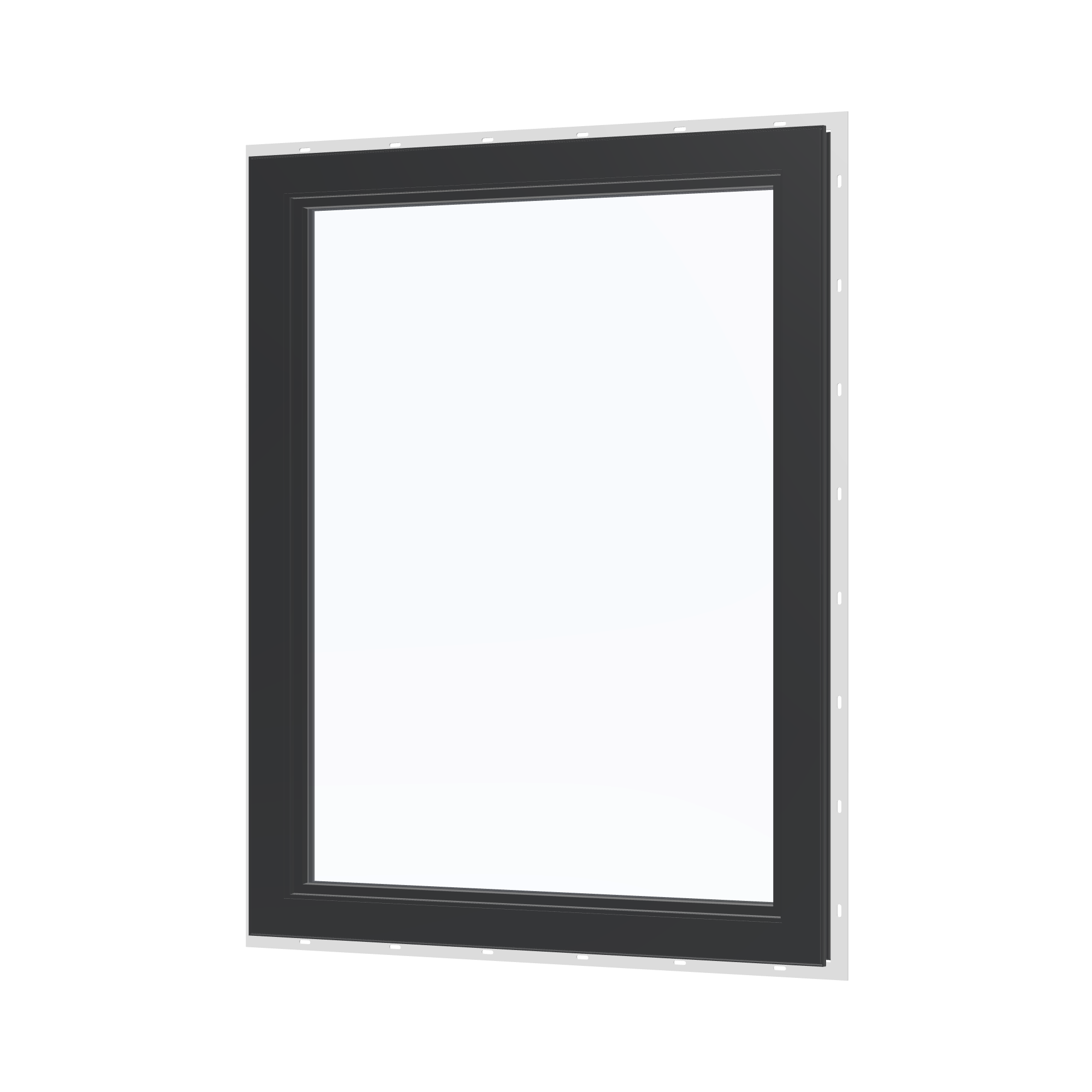 Angled interior view of the 36 × 48 inch high fixed window, black exterior / black interior, with nailing flange