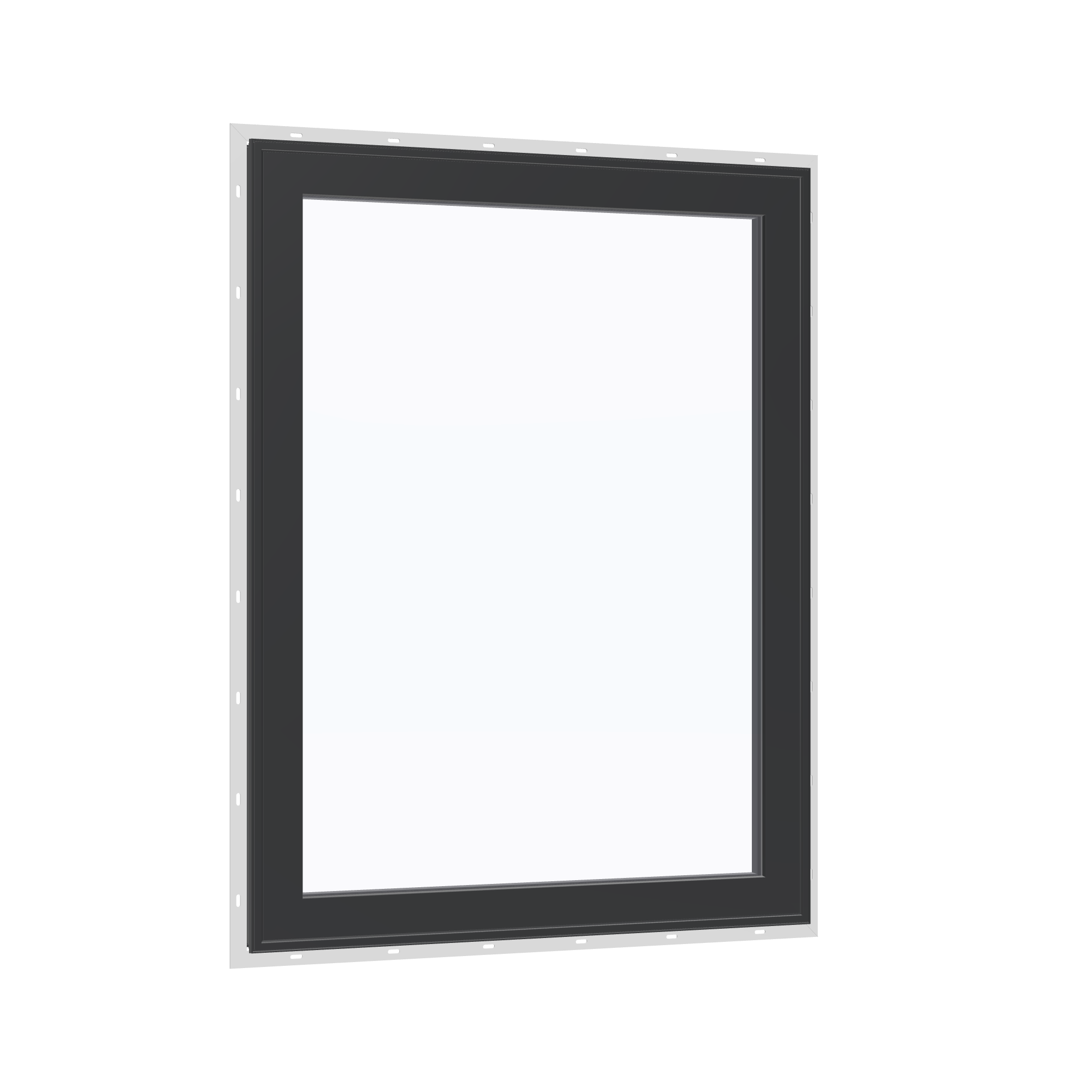 Opposite exterior angle of the 36 × 48 inch high fixed window, black exterior / black interior, with nailing flange
