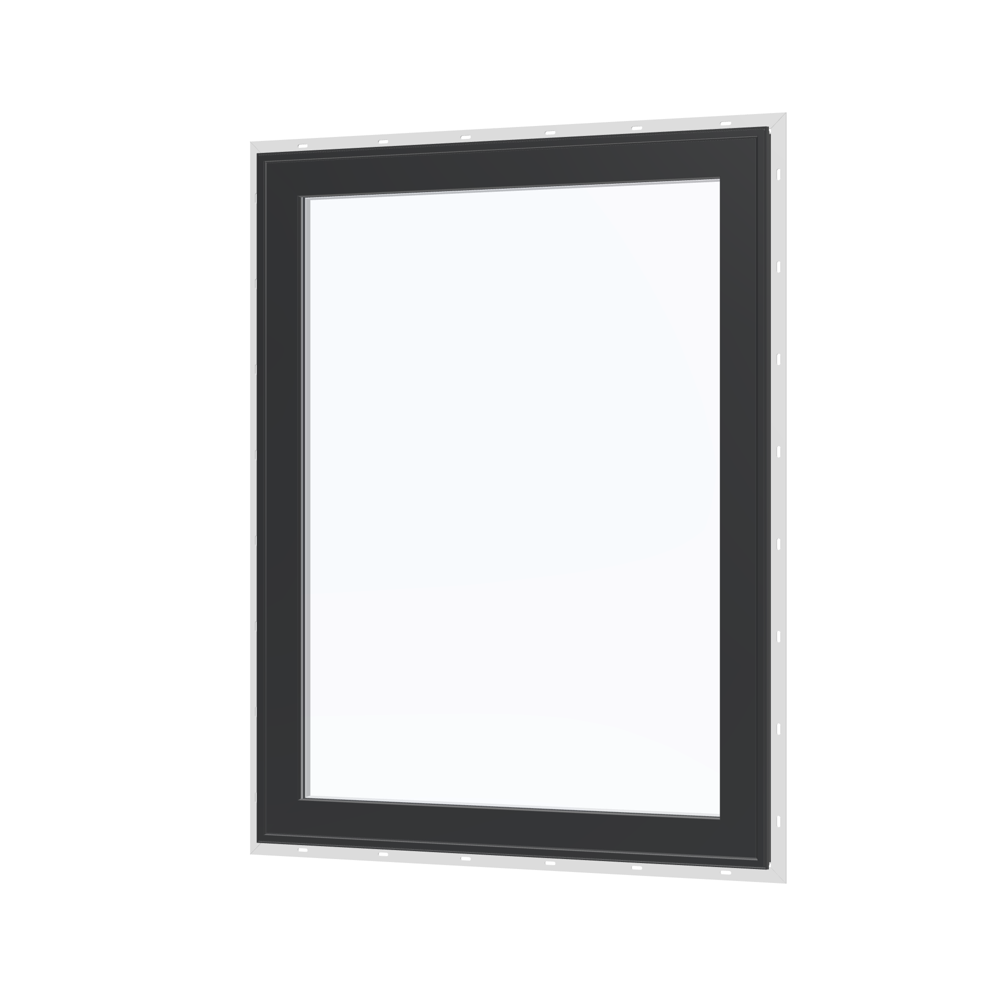 Angled exterior view of the 36 × 48 inch high fixed window, black exterior / white interior, with nailing flange