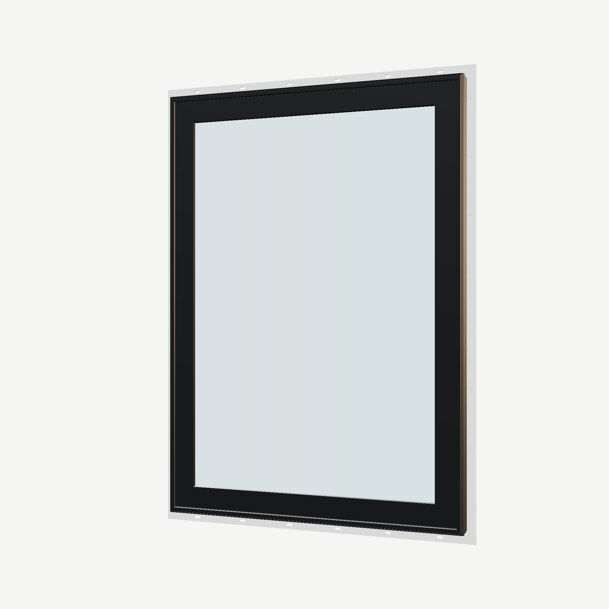 Angled exterior view of the 36 × 48 inch high fixed window, black exterior / white interior, with nailing flange