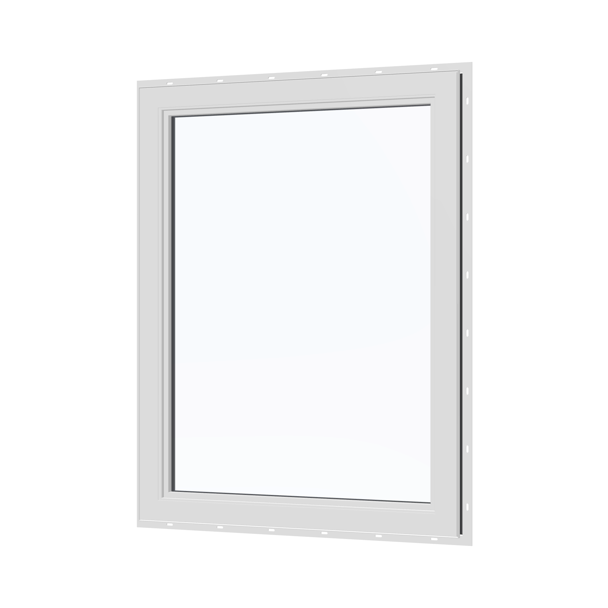 Angled interior view of the 36 × 48 inch high fixed window, black exterior / white interior, with nailing flange